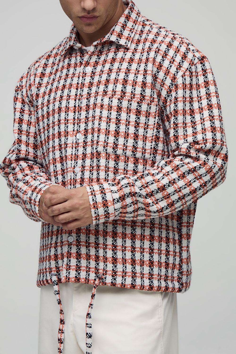 Oversized Boucle Bungee Hem Check Overshirt by BOOHOOMAN