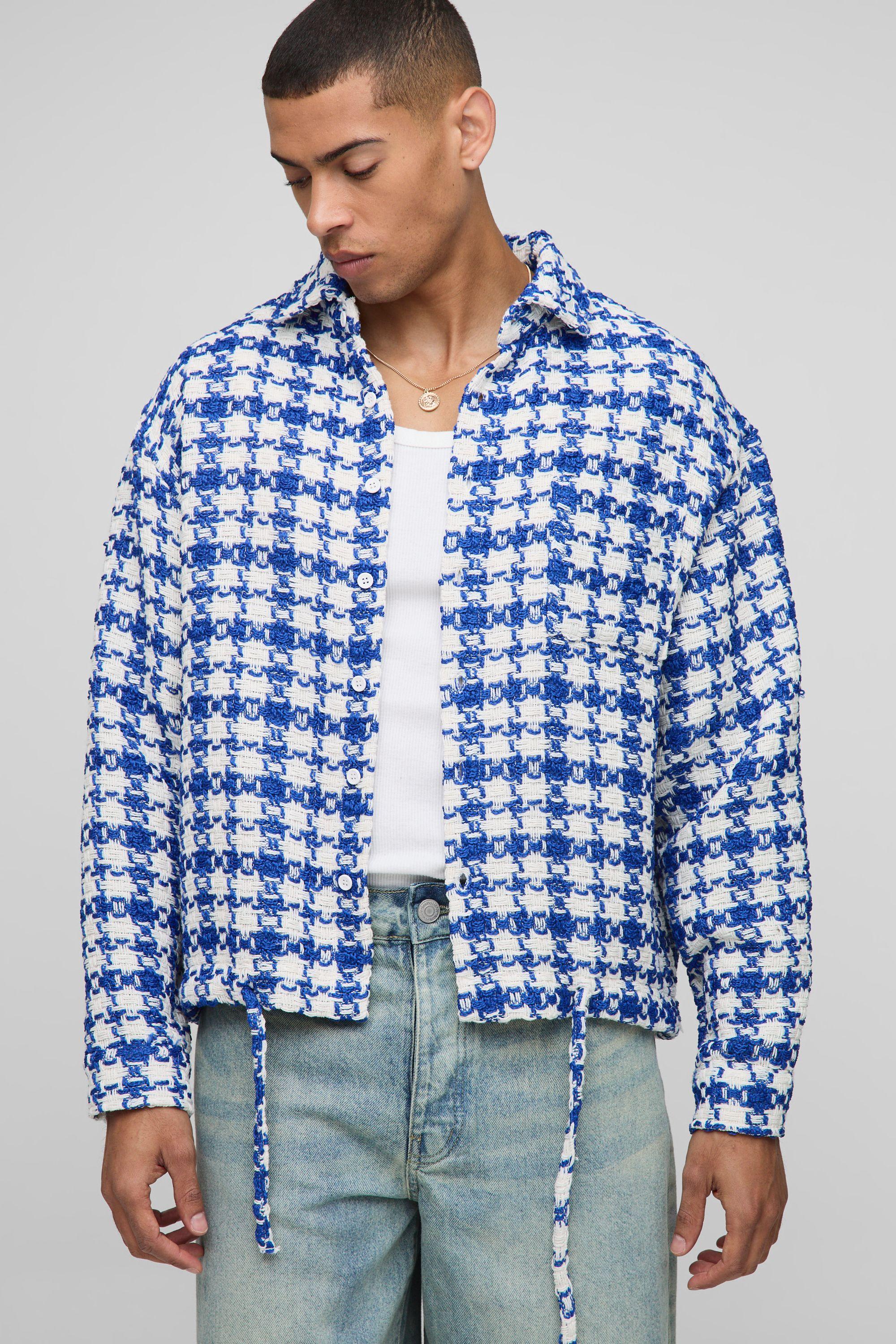 Oversized Boucle Bungee Hem Check Overshirt by BOOHOOMAN
