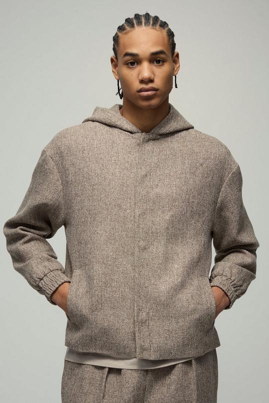 Oversized Boucle Hooded Button Up Overshirt by BOOHOOMAN