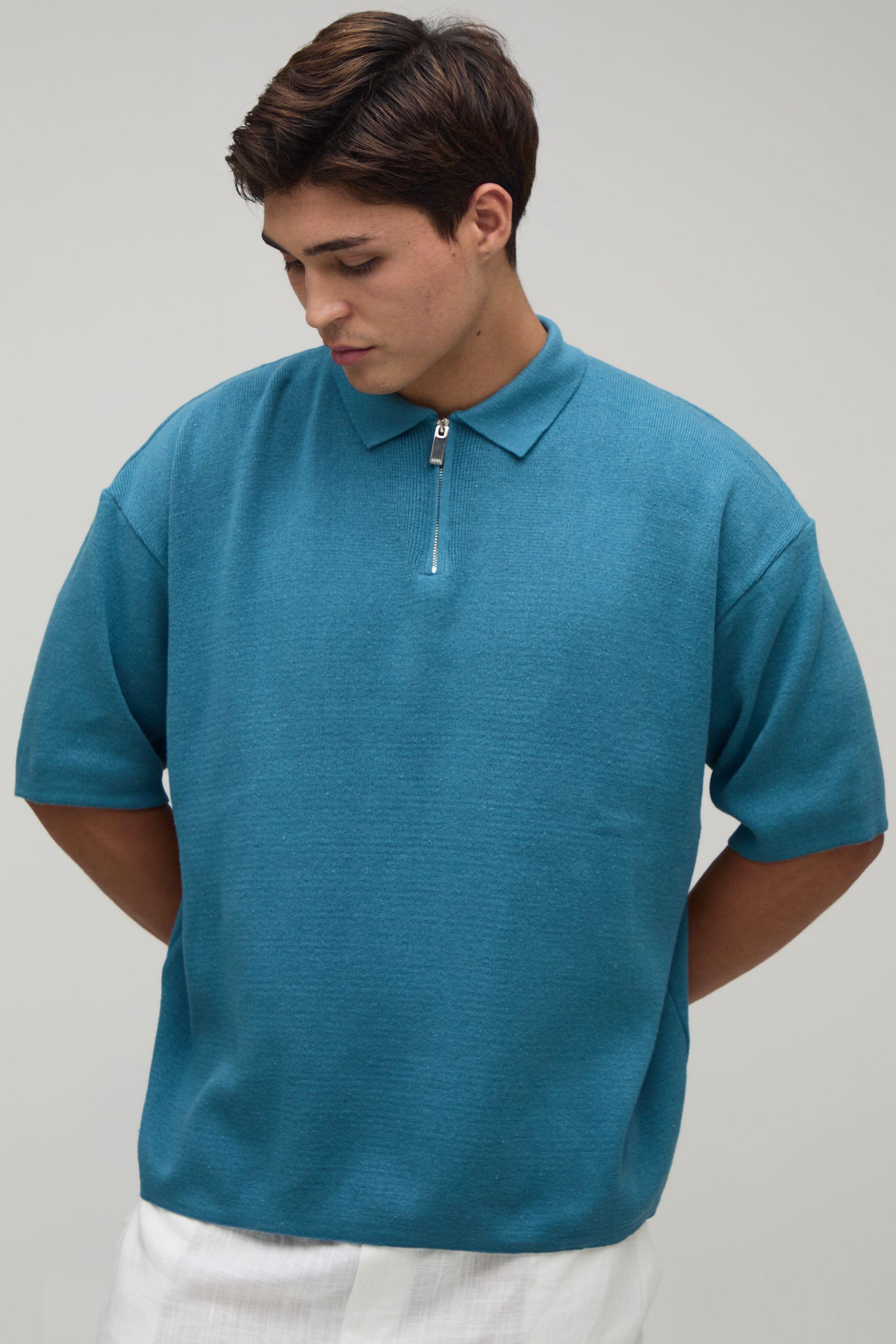 Oversized Boxy 1/4 Zip Cotton Blend Knitted Polo by BOOHOOMAN