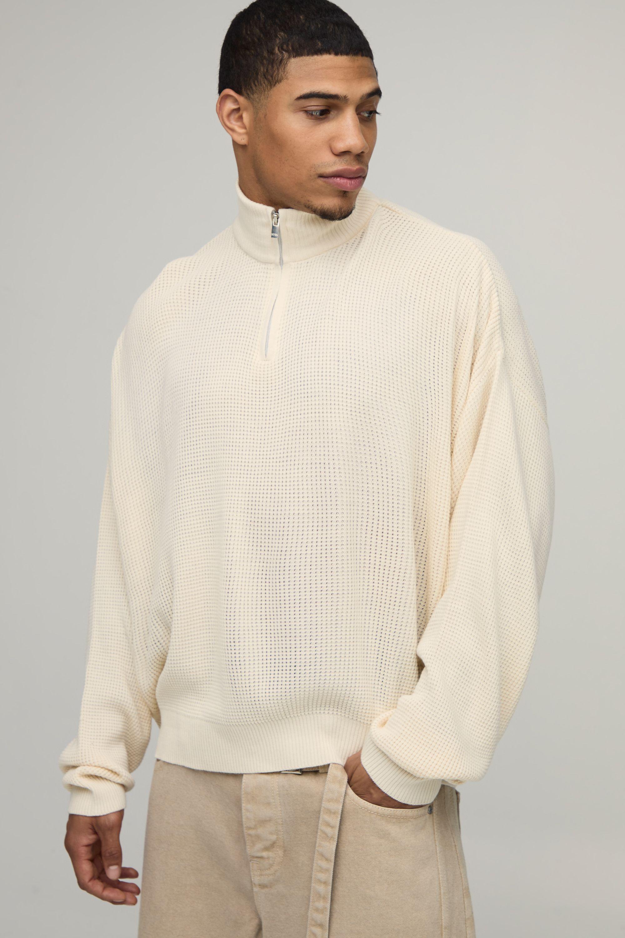 Oversized Boxy 1/4 Zip Waffle Funnel Knitted Jumper by BOOHOOMAN
