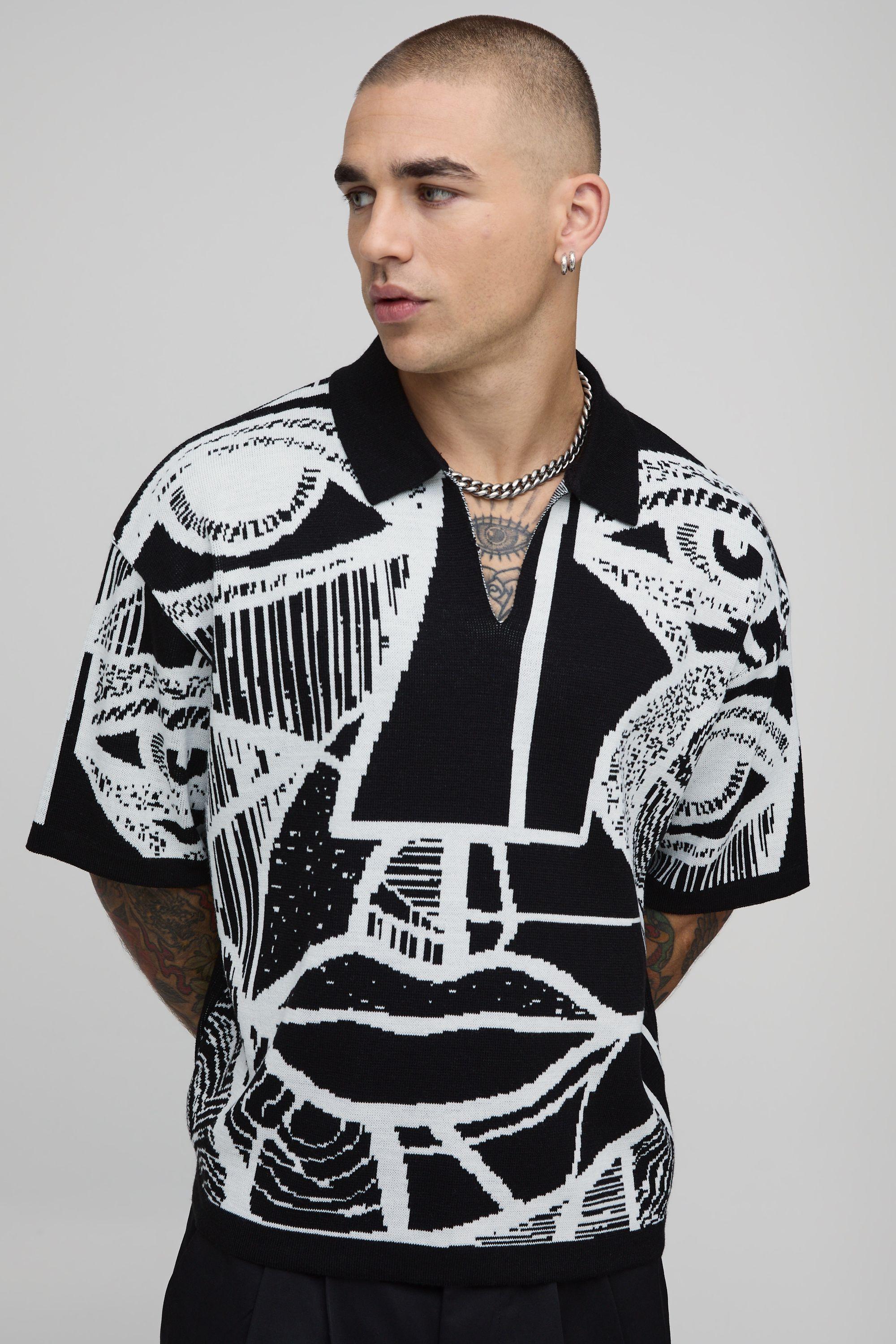 Oversized Boxy Abstract Face Graphic Knitted Polo by BOOHOOMAN