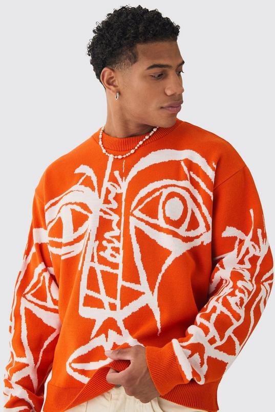 Oversized Boxy Abstract Line Face Knitted Jumper by BOOHOOMAN