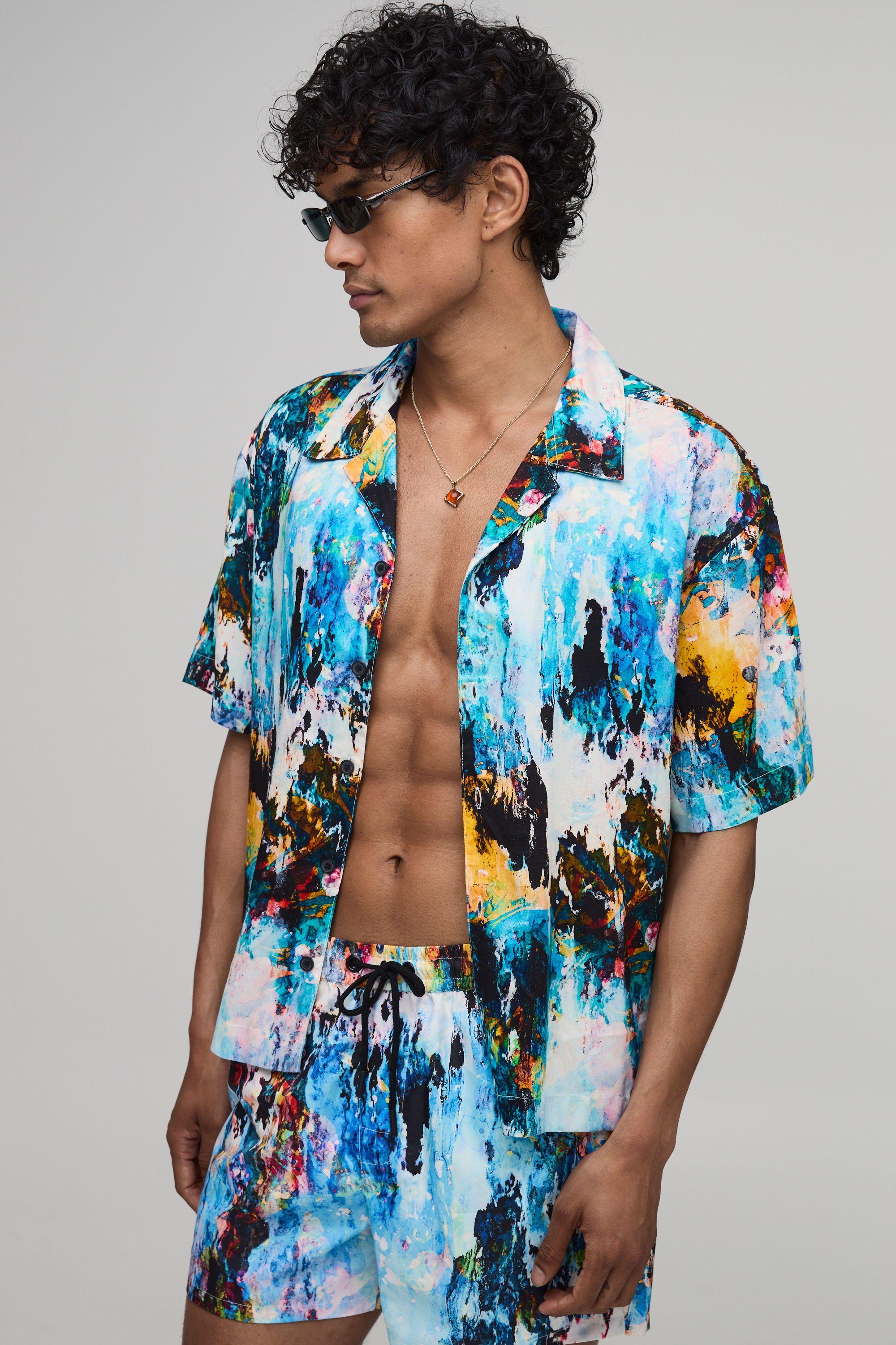 Oversized Boxy Abstract Print Revere Shirt by BOOHOOMAN