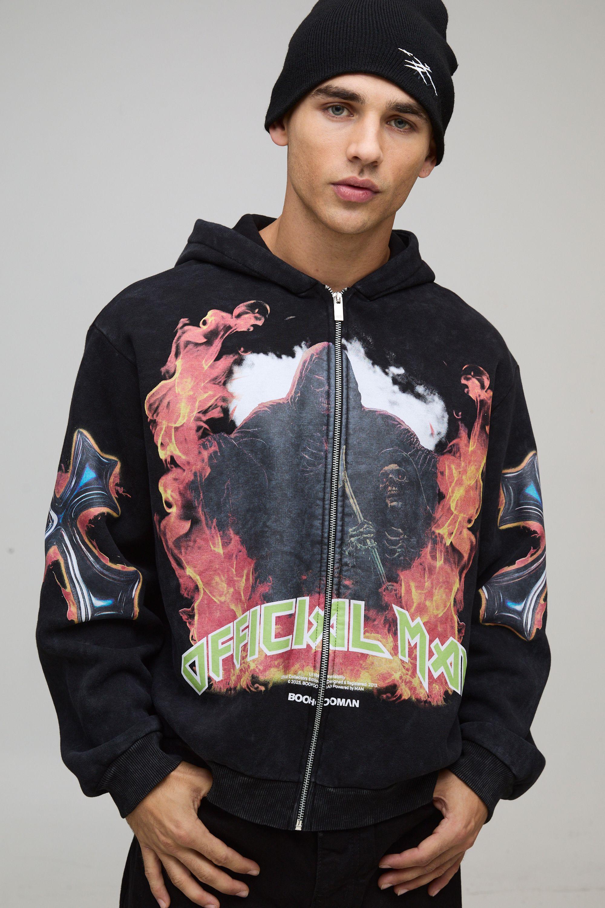 Oversized Boxy Acid Wash Gothic Graphic Zip Through Hoodie by BOOHOOMAN