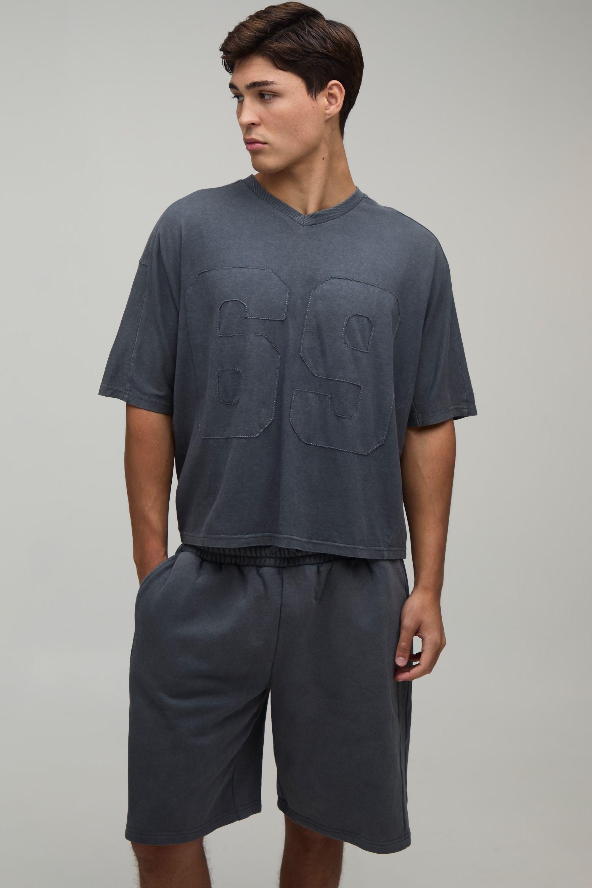 Oversized Boxy Applique Washed T-Shirt and Short Set by BOOHOOMAN