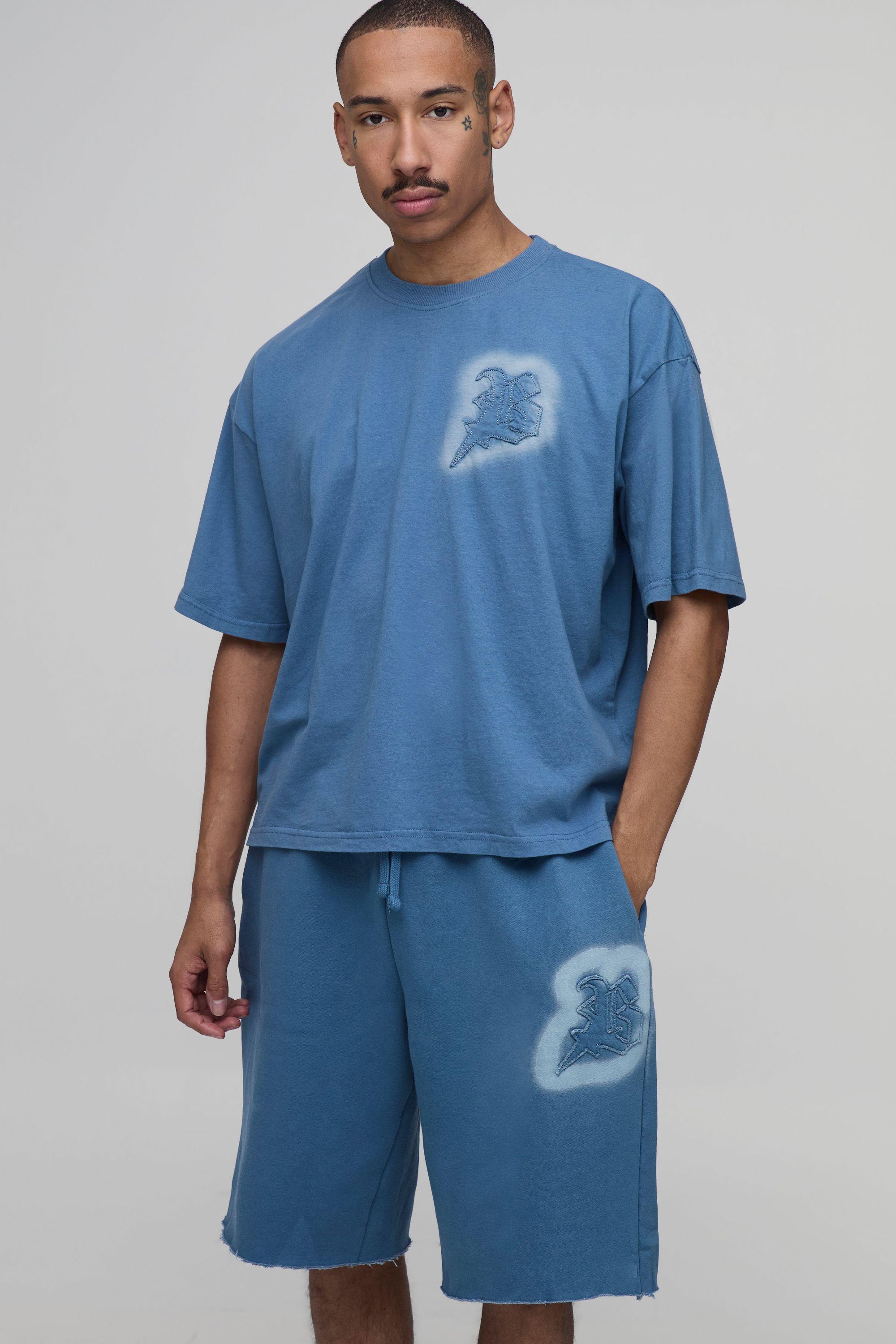 Oversized Boxy B Applique Washed T-Shirt and Short Set by BOOHOOMAN