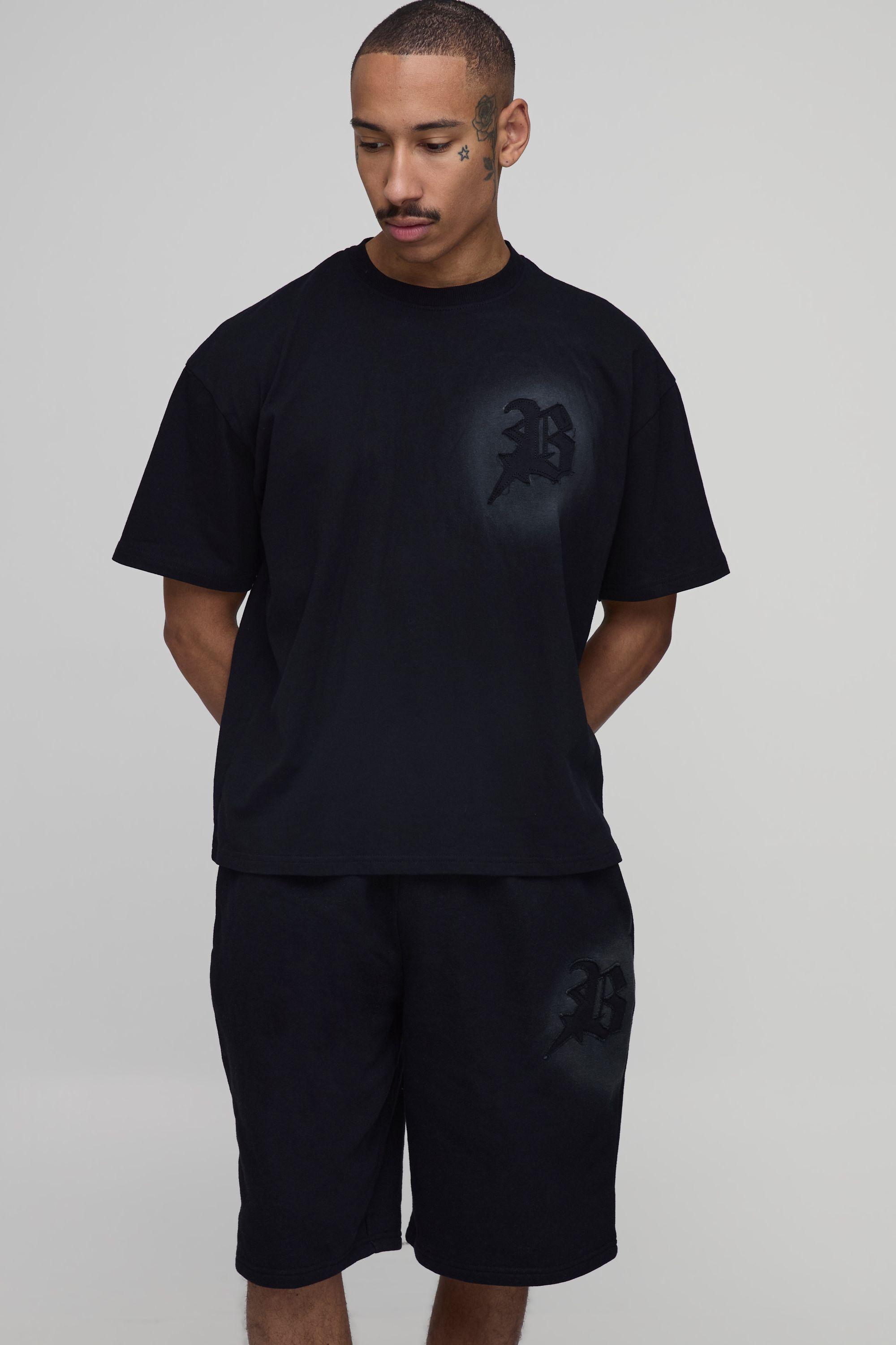 Oversized Boxy B Applique Washed T-Shirt and Short Set by BOOHOOMAN