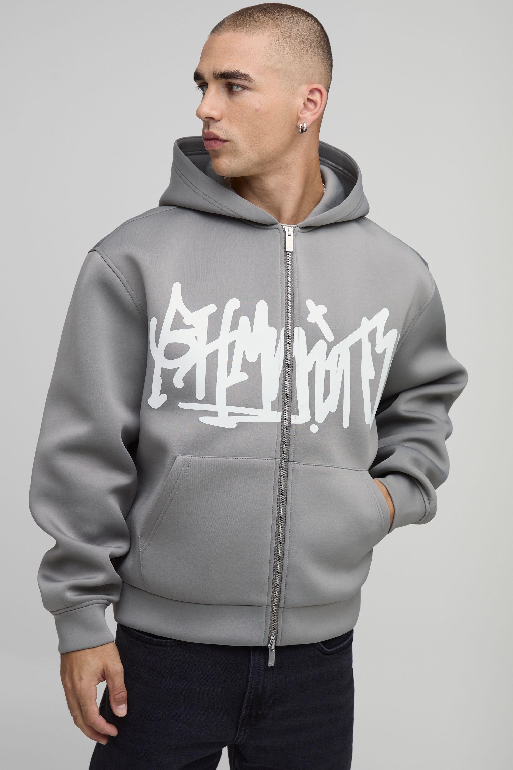 Oversized Boxy BHM Graffiti Bonded Scuba Printed Zip Through Hoodie by BOOHOOMAN