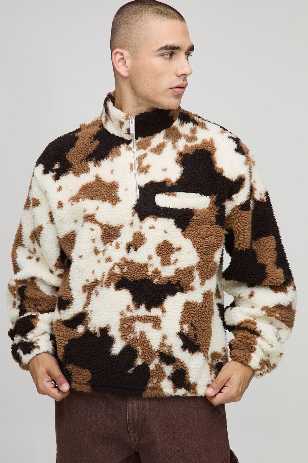 Oversized Boxy Borg Cow Print Quarter Zip Funnel Sweatshirt by BOOHOOMAN Oversized Boxy Borg Cow Print Quarter Zip Funnel Sweatshirt by BOOHOOMAN