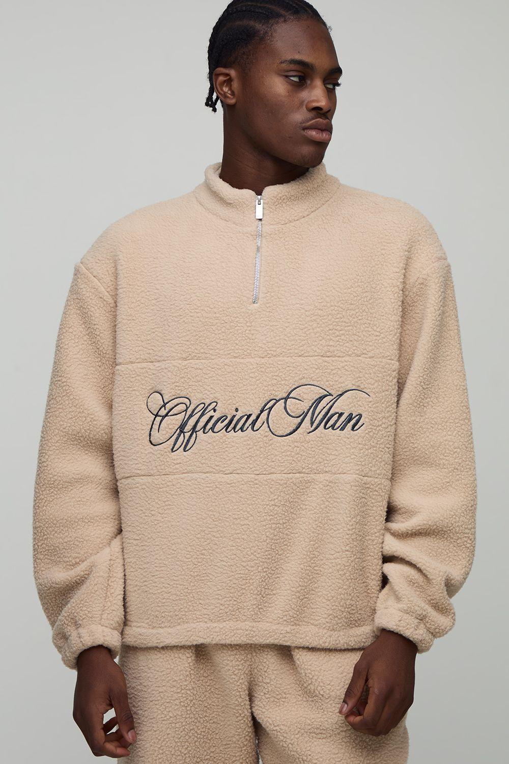 Oversized Boxy Borg Panel Slogan Quarter Zip Funnel Sweatshirt by BOOHOOMAN