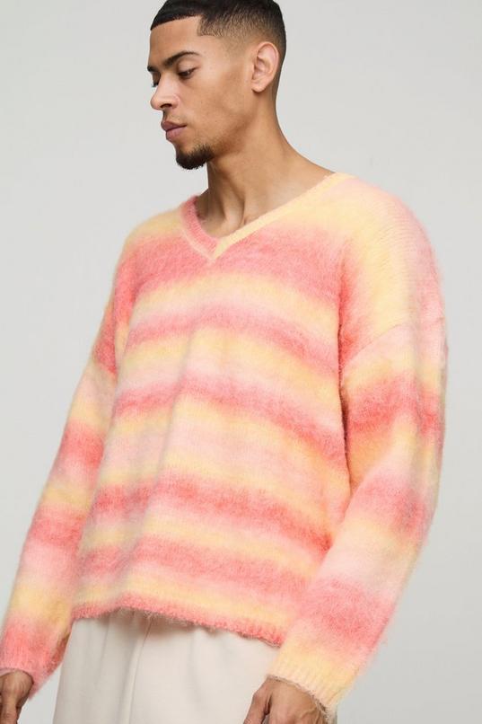 Oversized Boxy Brushed Stripe V Neck Knitted Jumper by BOOHOOMAN