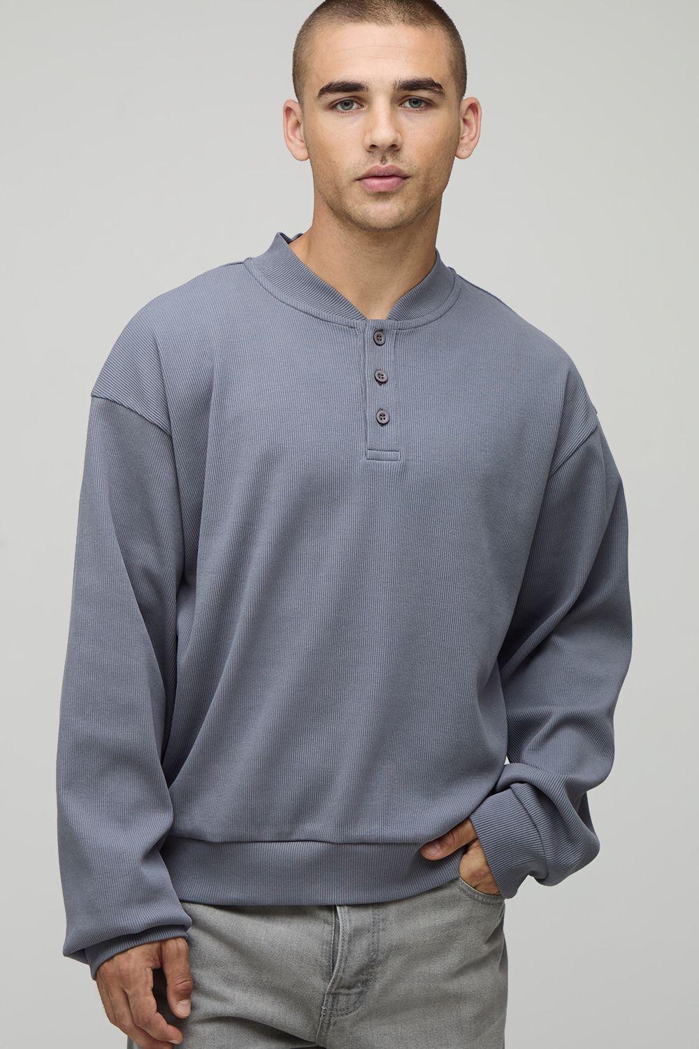 Oversized Boxy Button Collar Ribbed Sweatshirt by BOOHOOMAN