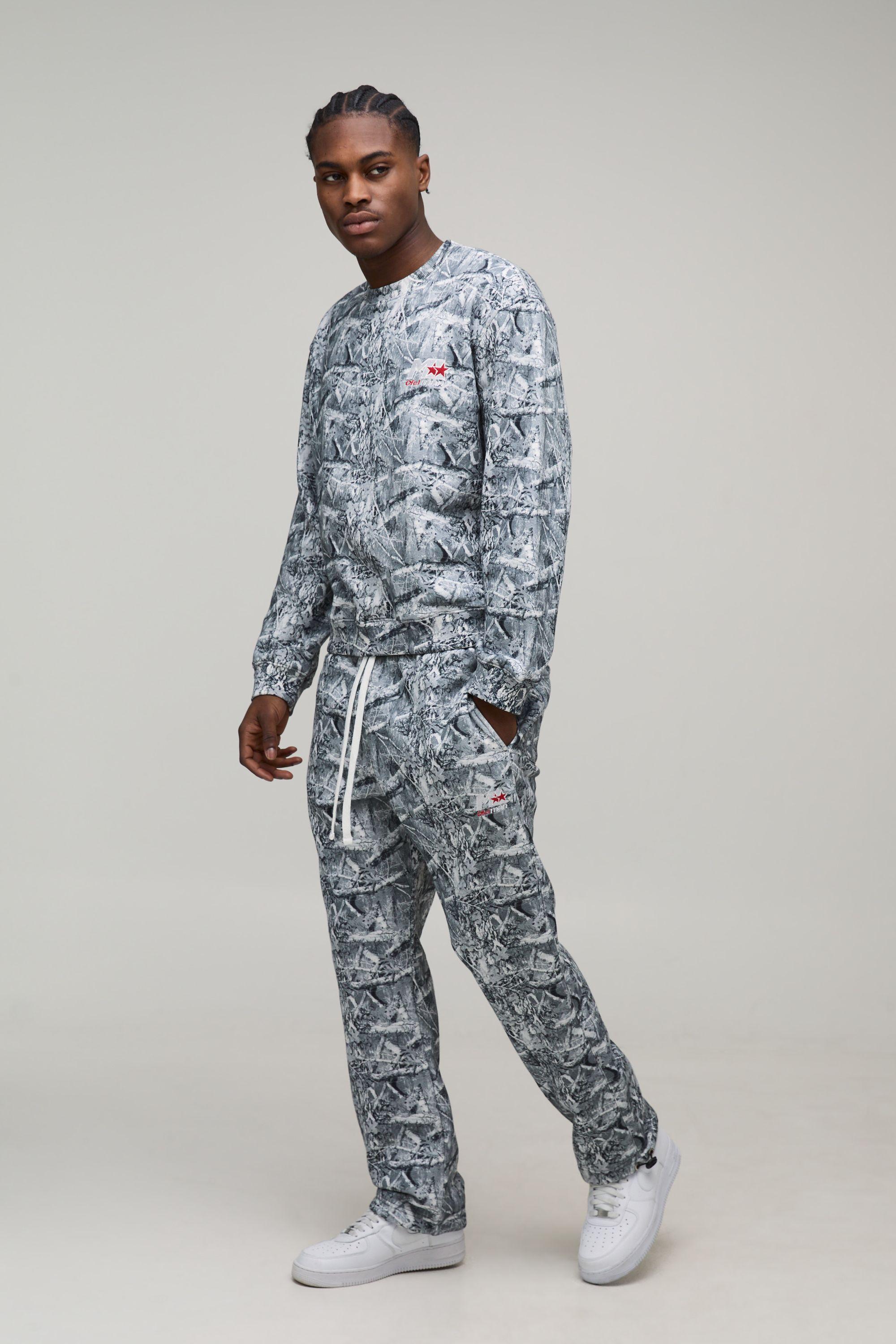 Oversized Boxy Camo Sweatshirt Tie Cuff Tracksuit by BOOHOOMAN