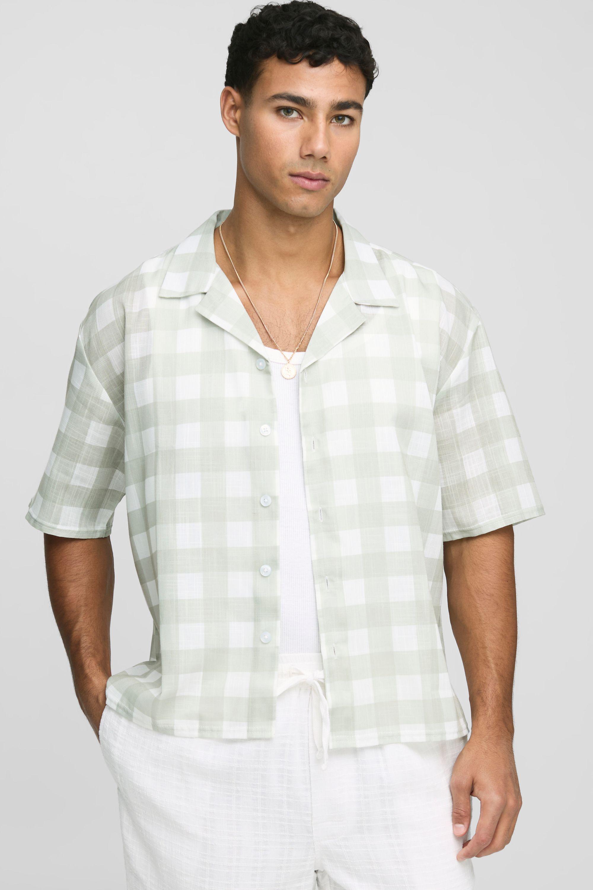 Oversized Boxy Check Slub Revere Shirt by BOOHOOMAN