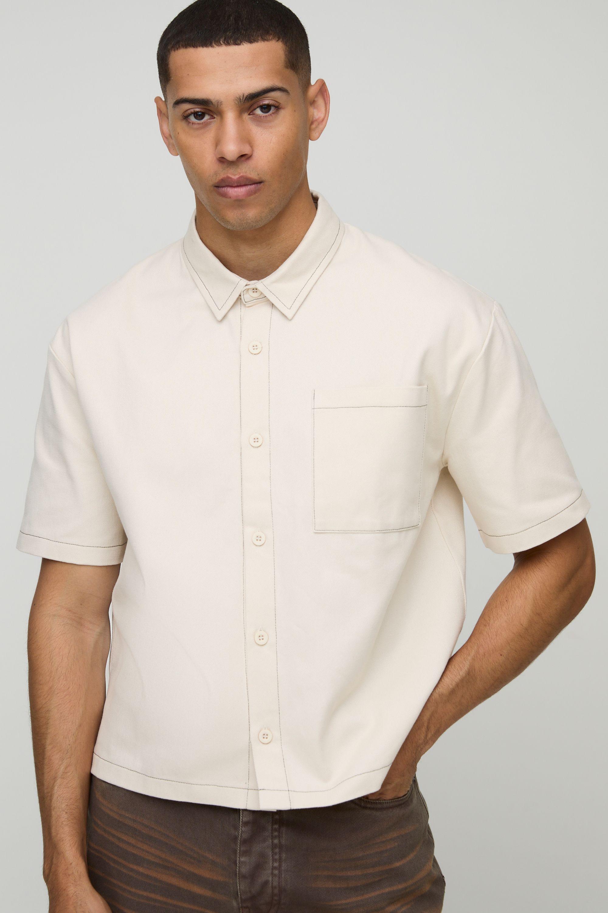 Oversized Boxy Contrast Stitch Twill Shirt by BOOHOOMAN
