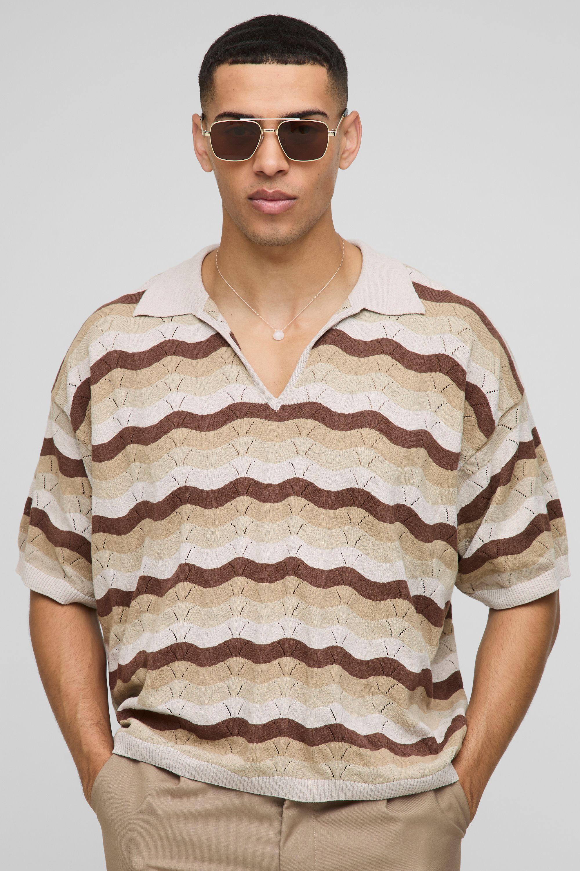 Oversized Boxy Crochet Look Stripe Knitted Polo by BOOHOOMAN