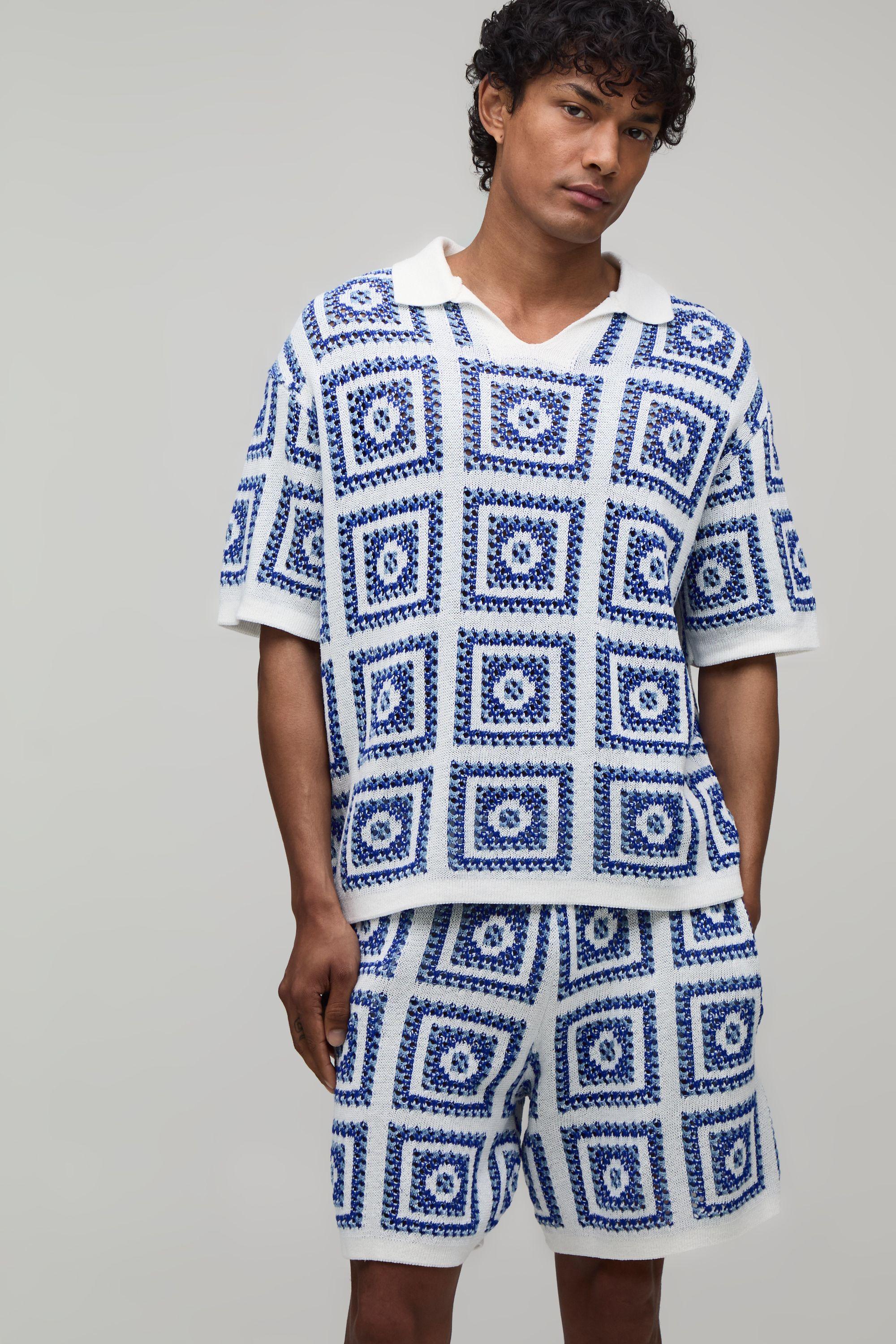 Oversized Boxy Crochet Patch Knitted Polo and Short Set by BOOHOOMAN