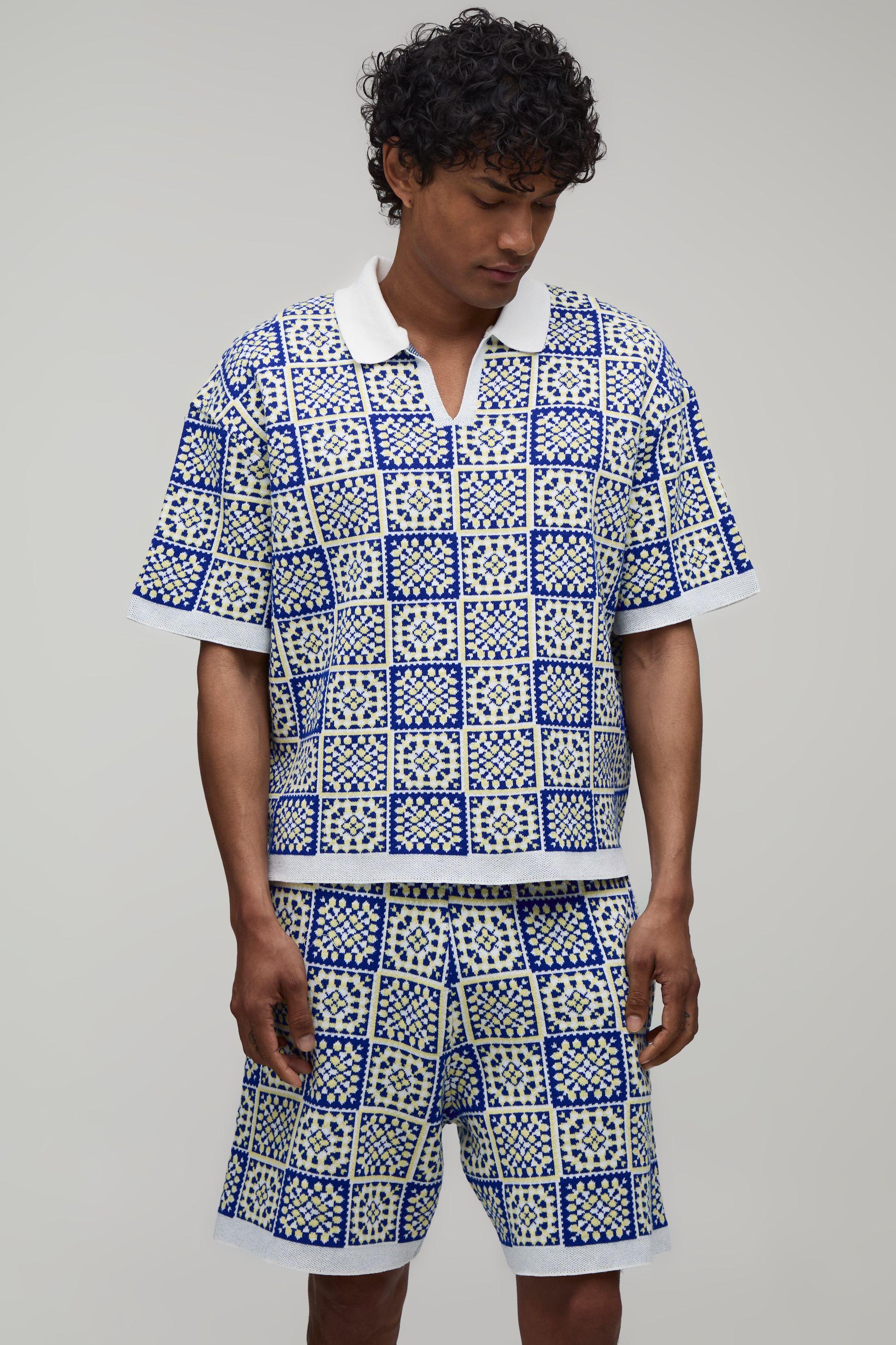 Oversized Boxy Crochet Square Knitted Polo and Short Set by BOOHOOMAN