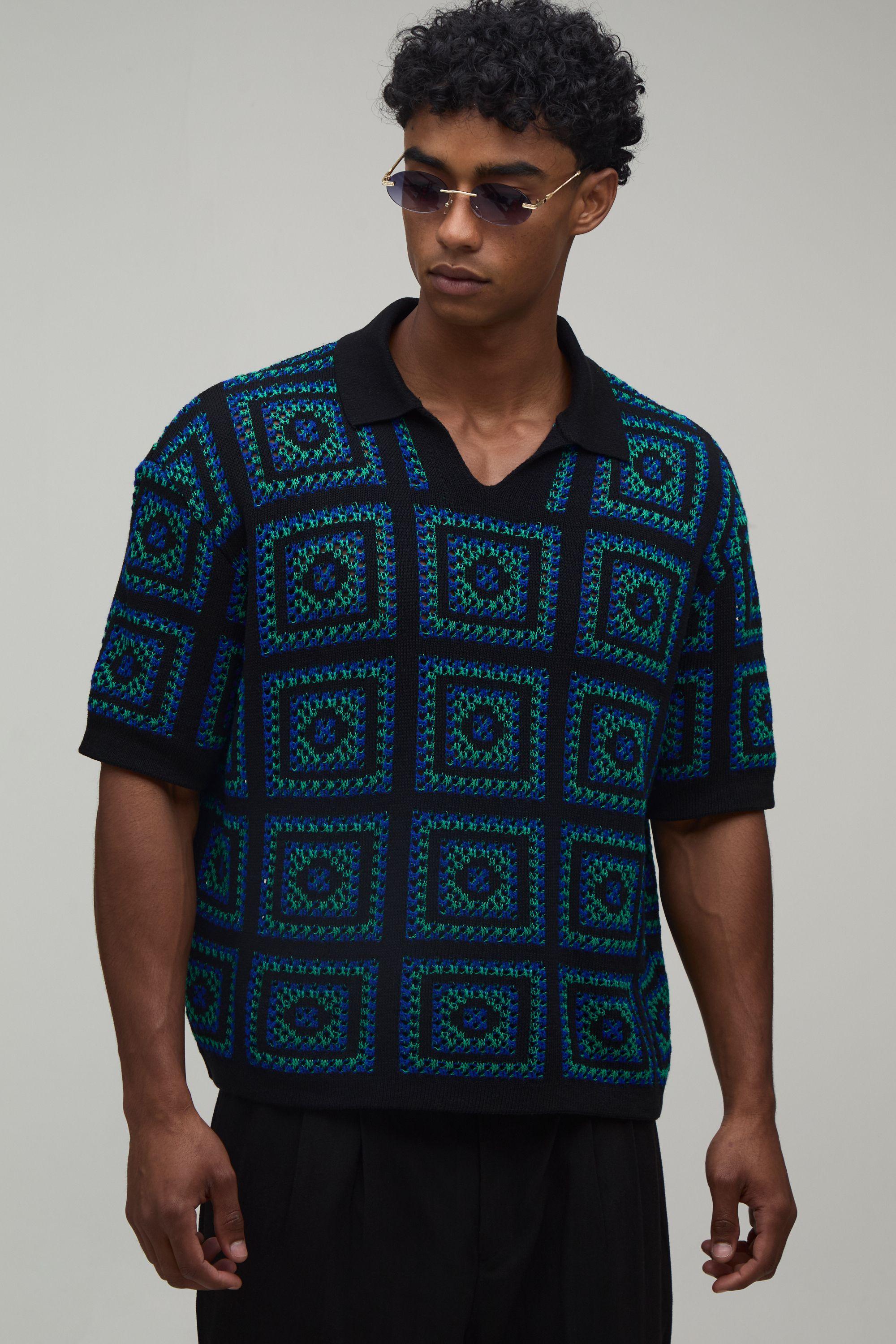 Oversized Boxy Crochet Tapestry Knitted Polo by BOOHOOMAN