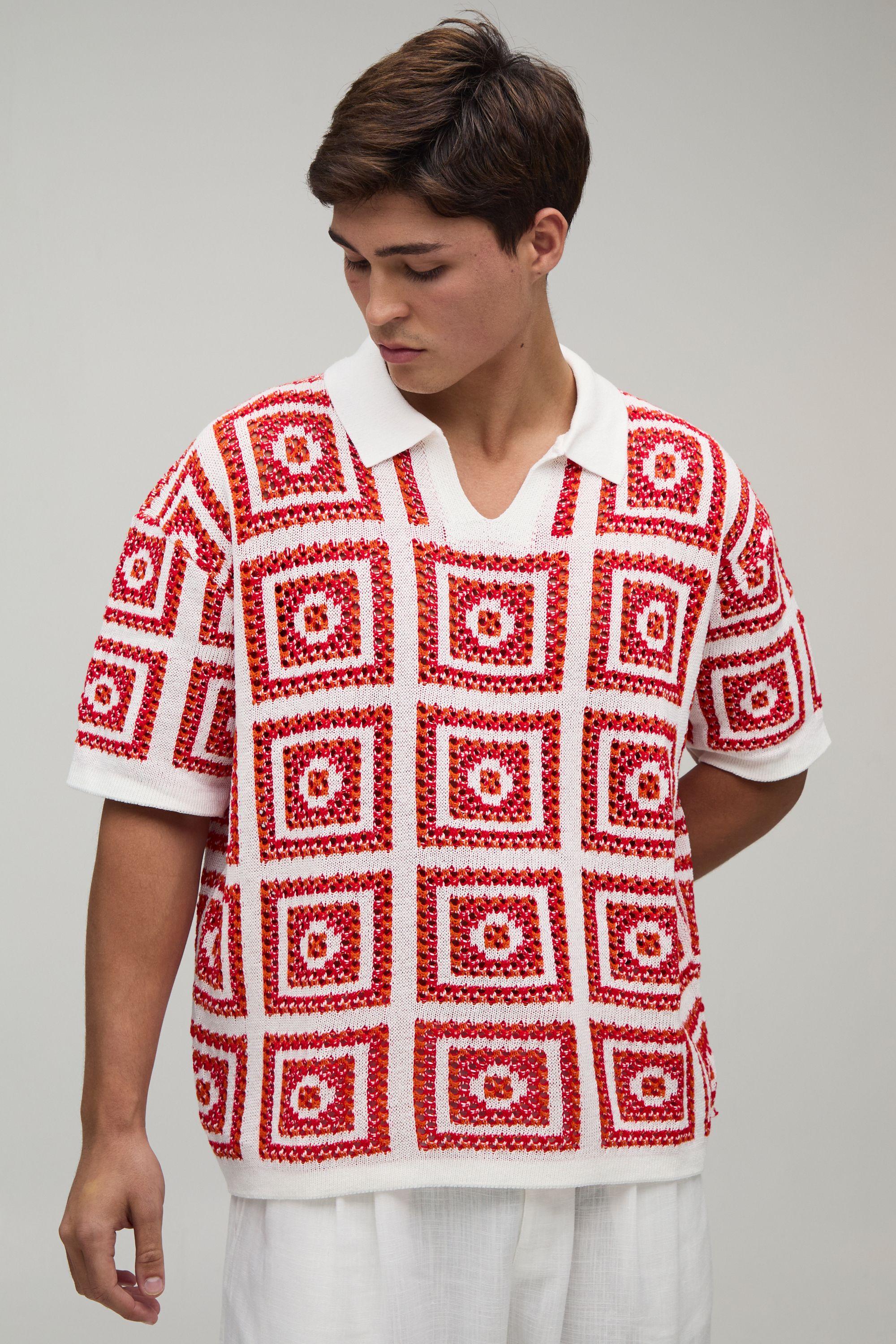 Oversized Boxy Crochet Tapestry Knitted Polo by BOOHOOMAN