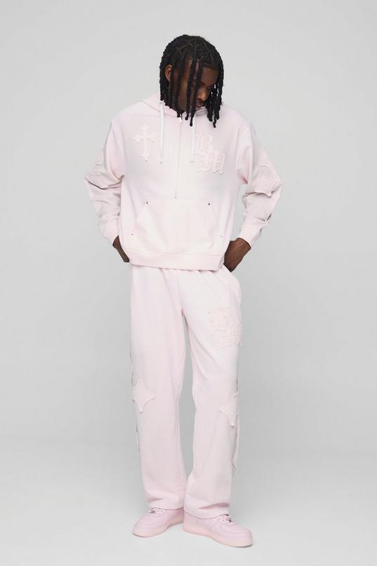 Oversized Boxy Cross Applique Wash Hooded Tracksuit by BOOHOOMAN