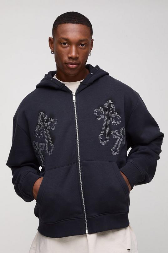 Oversized Boxy Cross Embroidered Zip Through Hoodie by BOOHOOMAN