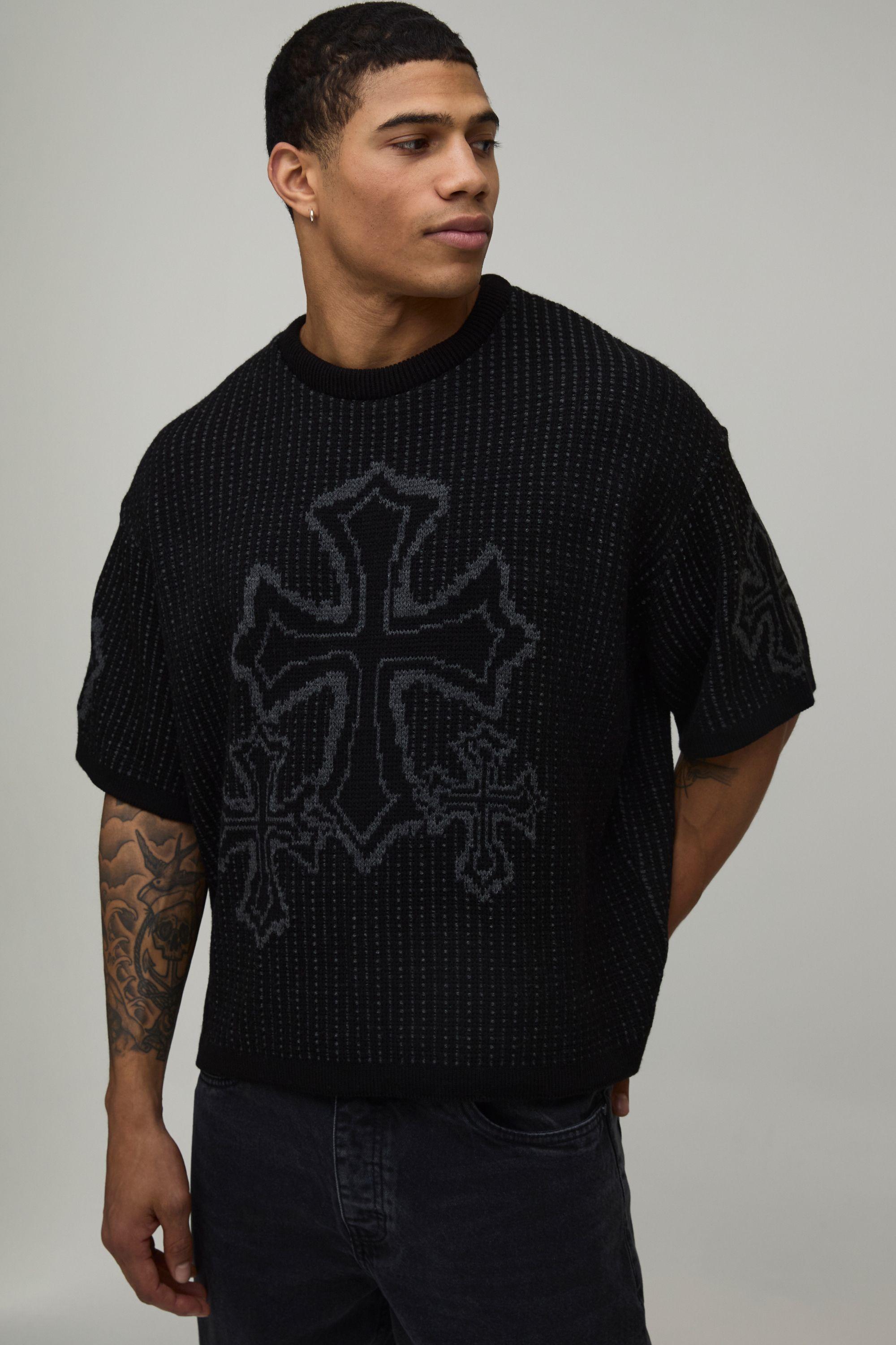 Oversized Boxy Cross Jacquard Knitted T-Shirt by BOOHOOMAN