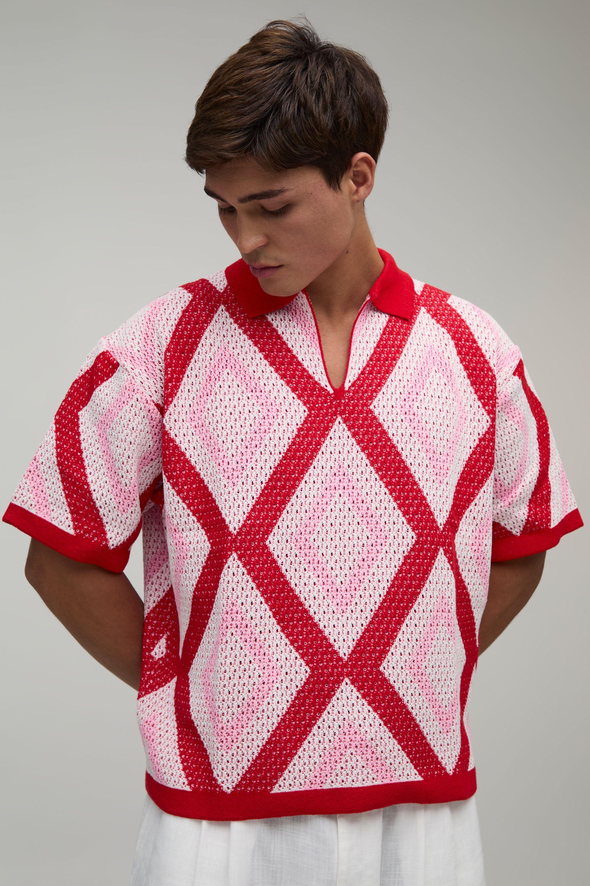 Oversized Boxy Diamond Open Stitch Knitted Polo by BOOHOOMAN