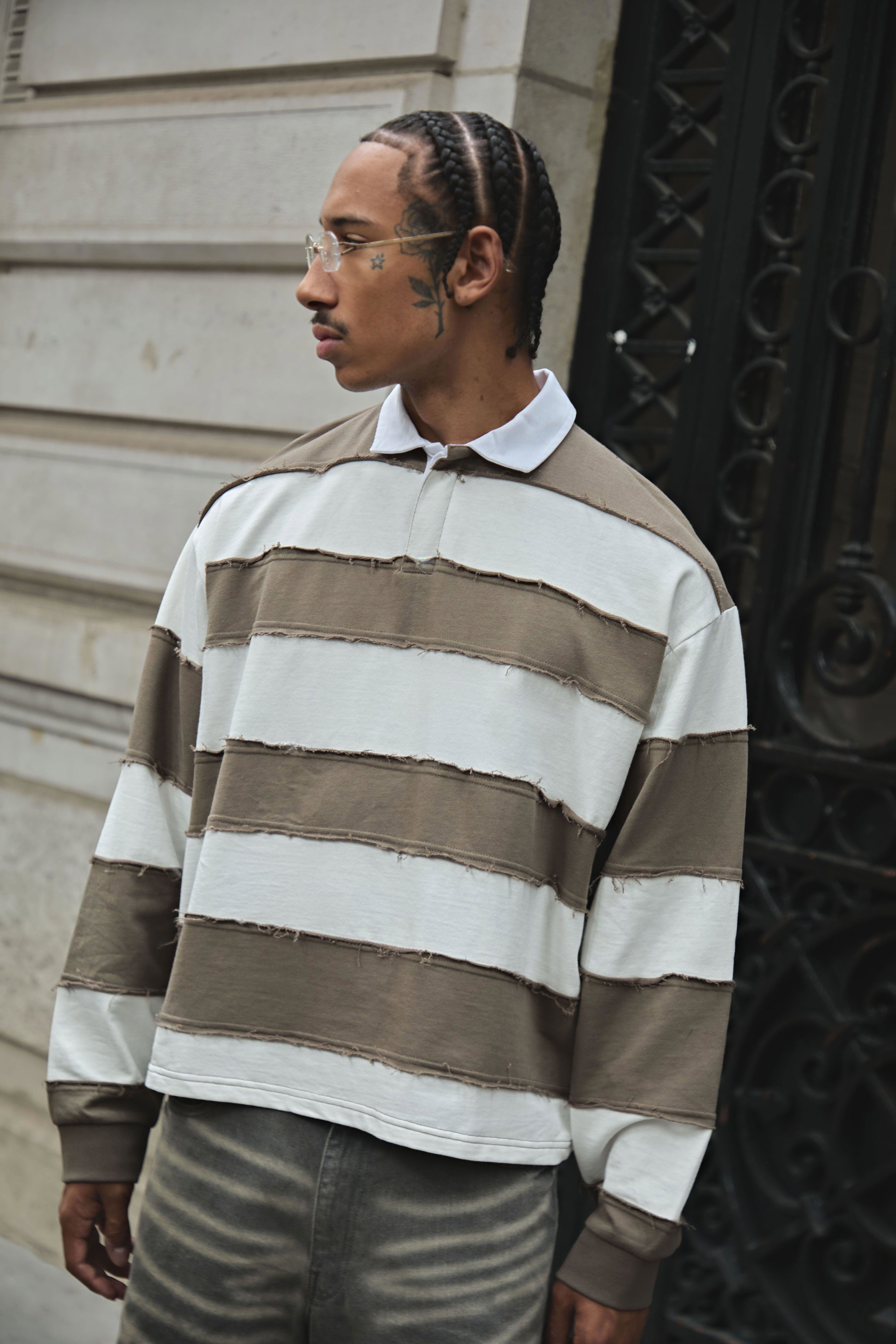 Oversized Boxy Distressed Long Sleeve Rugby Polo by BOOHOOMAN