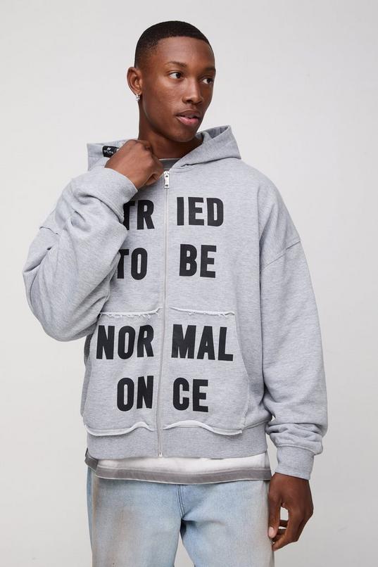 Oversized Boxy Distressed Slogan Zip Through Loopback Hoodie by BOOHOOMAN