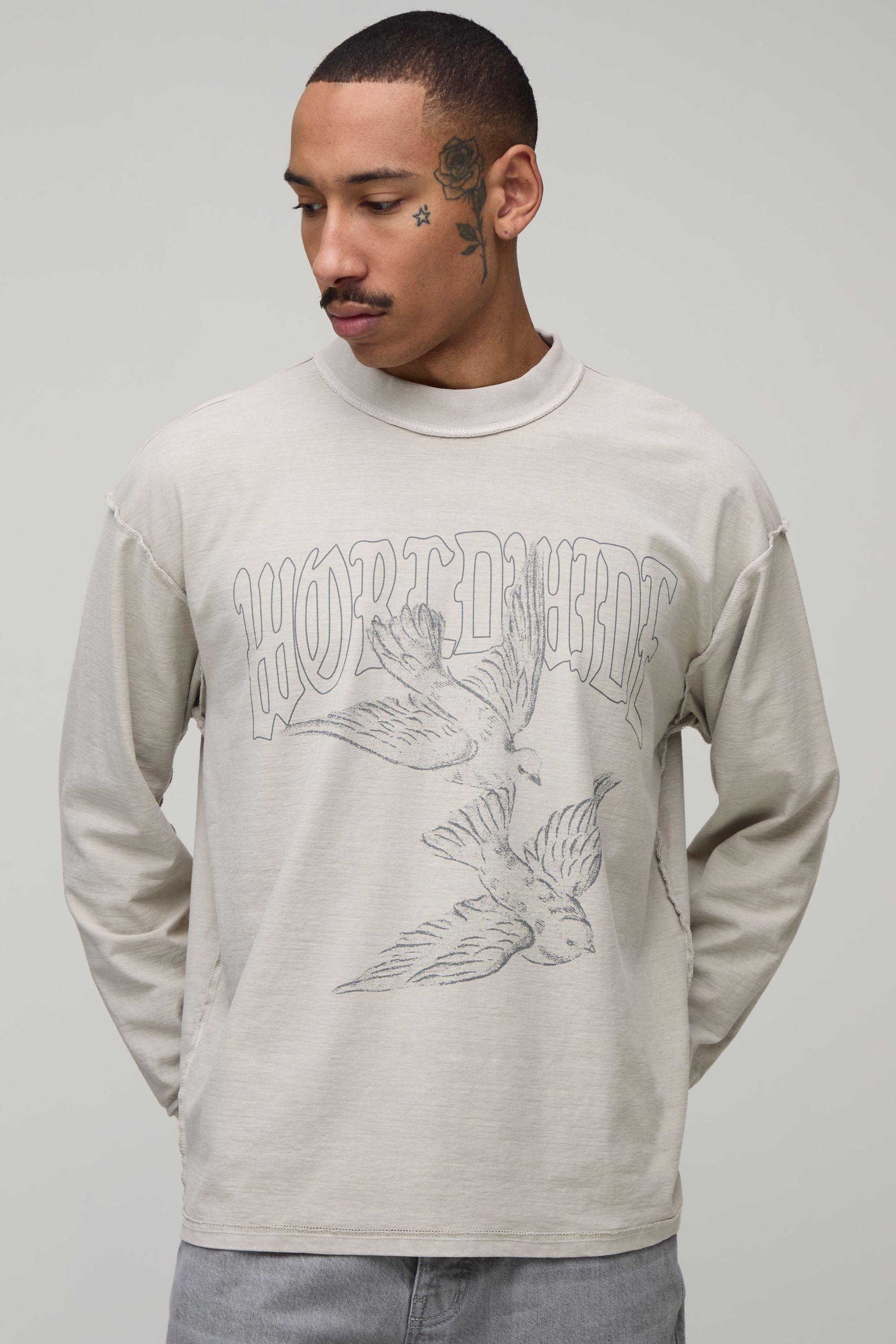 Oversized Boxy Dove Print Exposed Seam Long Sleeve T-Shirt by BOOHOOMAN