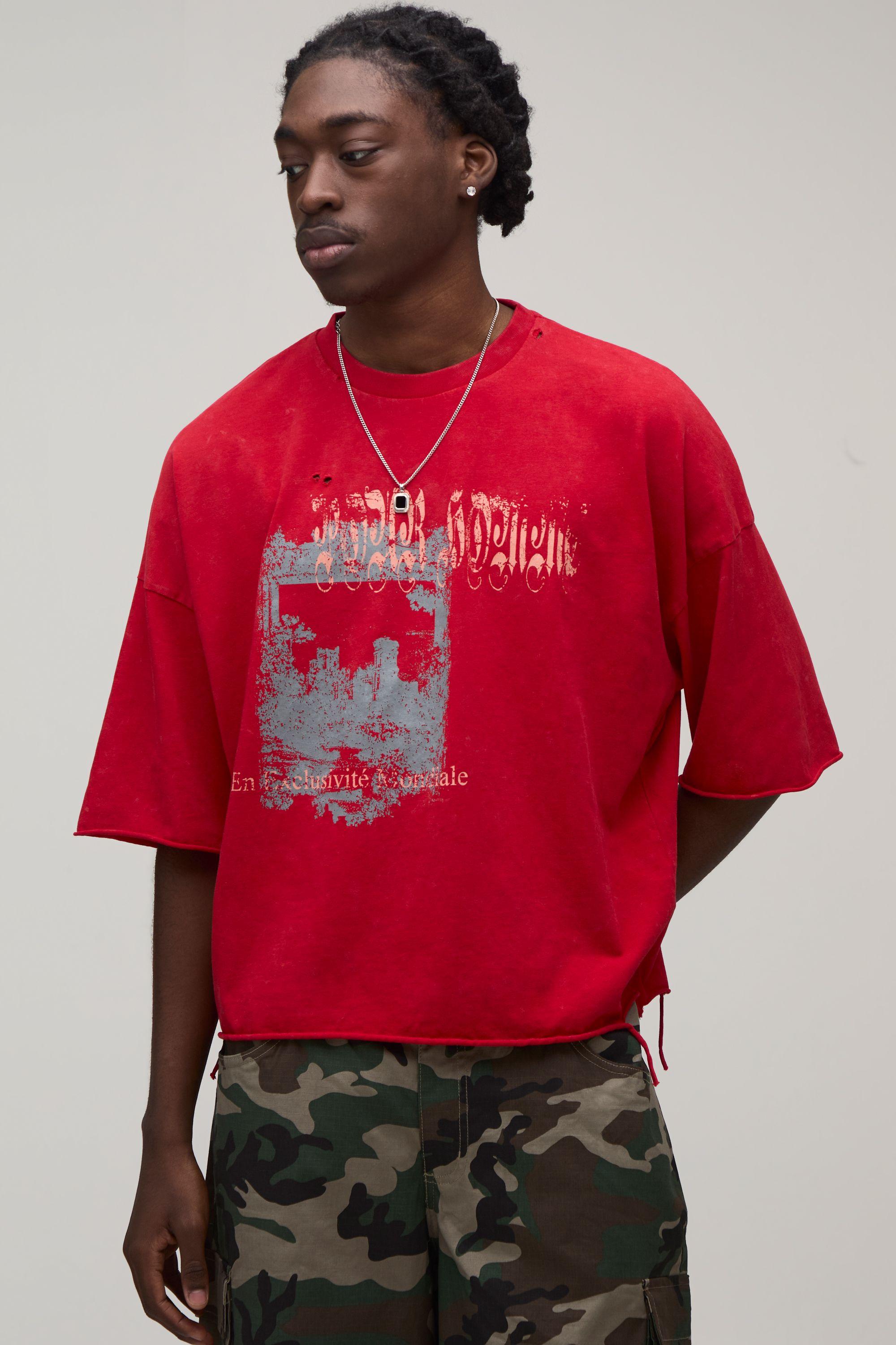 Oversized Boxy Drop Shoulder Distressed Printed T-shirt by BOOHOOMAN