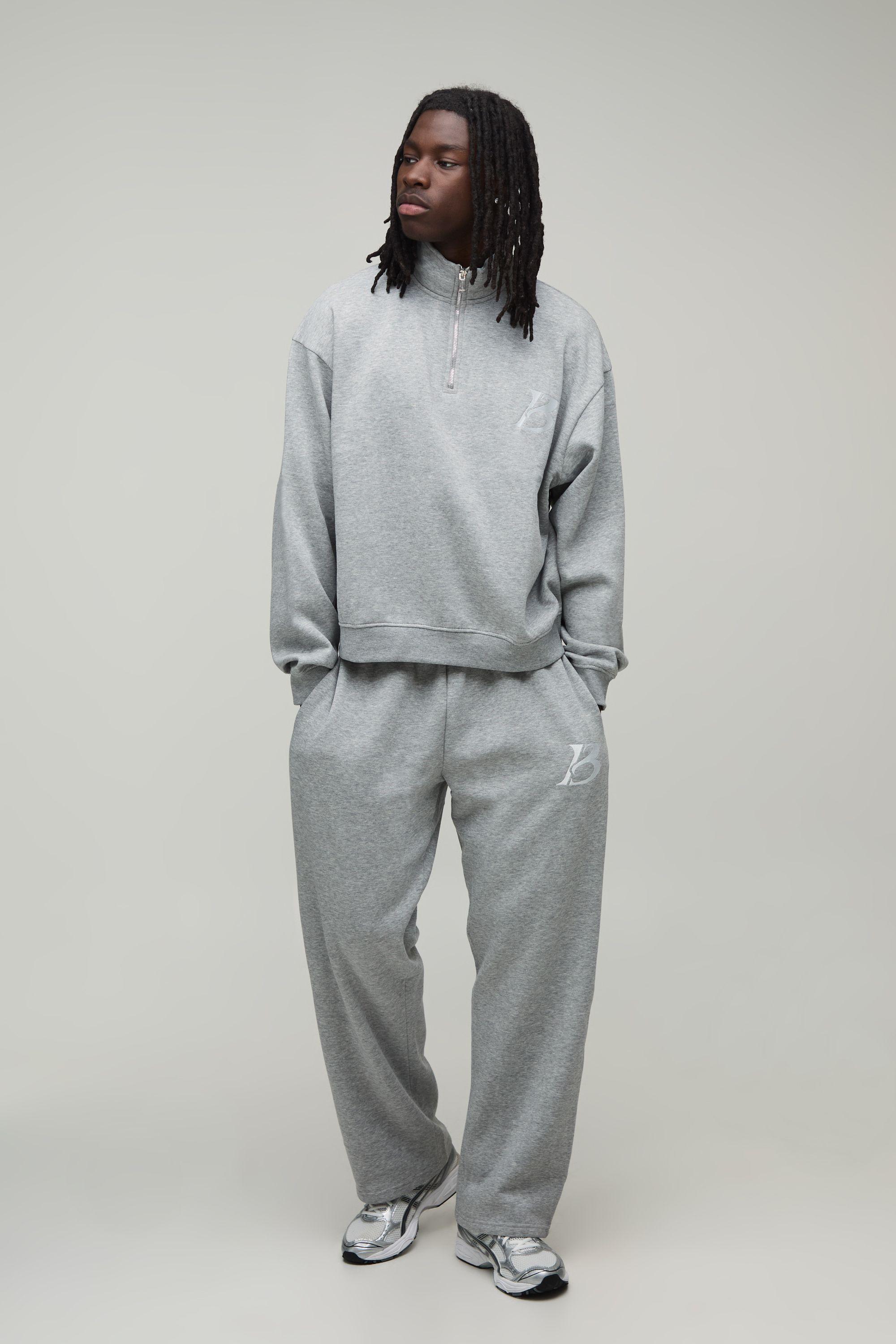 Oversized Boxy Embroidered B 1/4 Zip Sweatshirt & Straight Leg Tracksuit by BOOHOOMAN