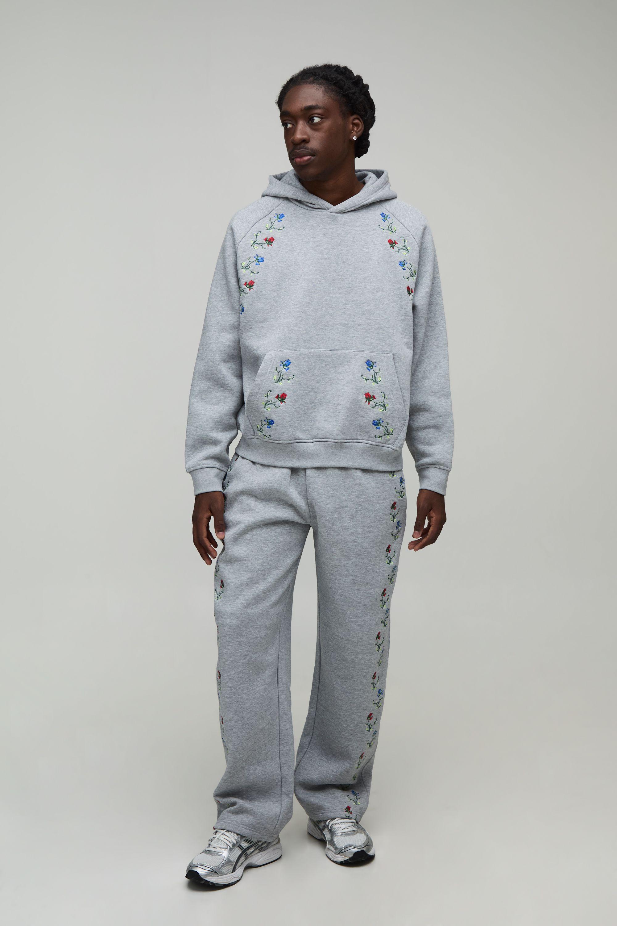 Oversized Boxy Embroidered Floral Hoodie & Straight Leg Jogger Tracksuit by BOOHOOMAN