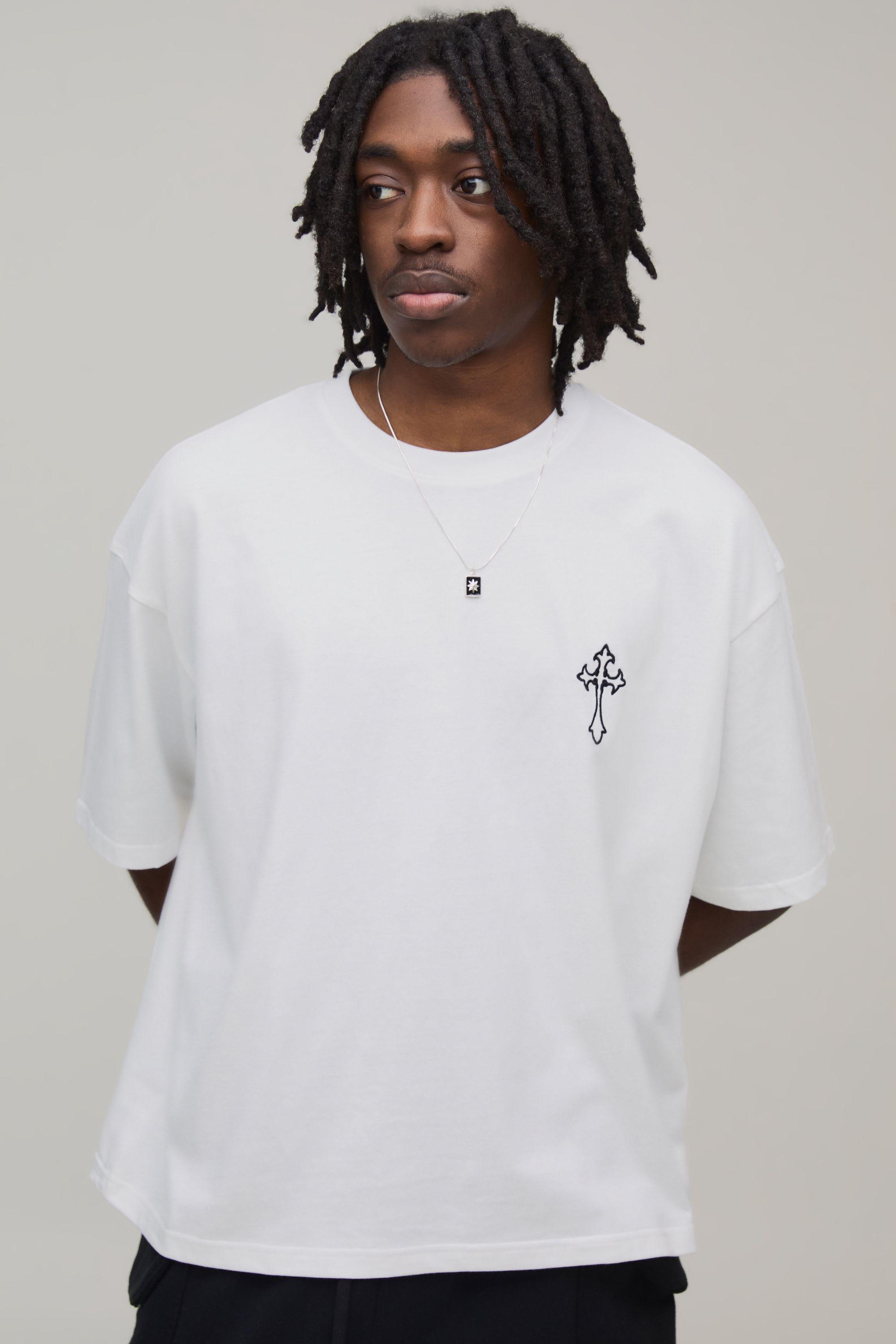 Oversized Boxy Embroidered  Gothic Cross T-Shirt by BOOHOOMAN