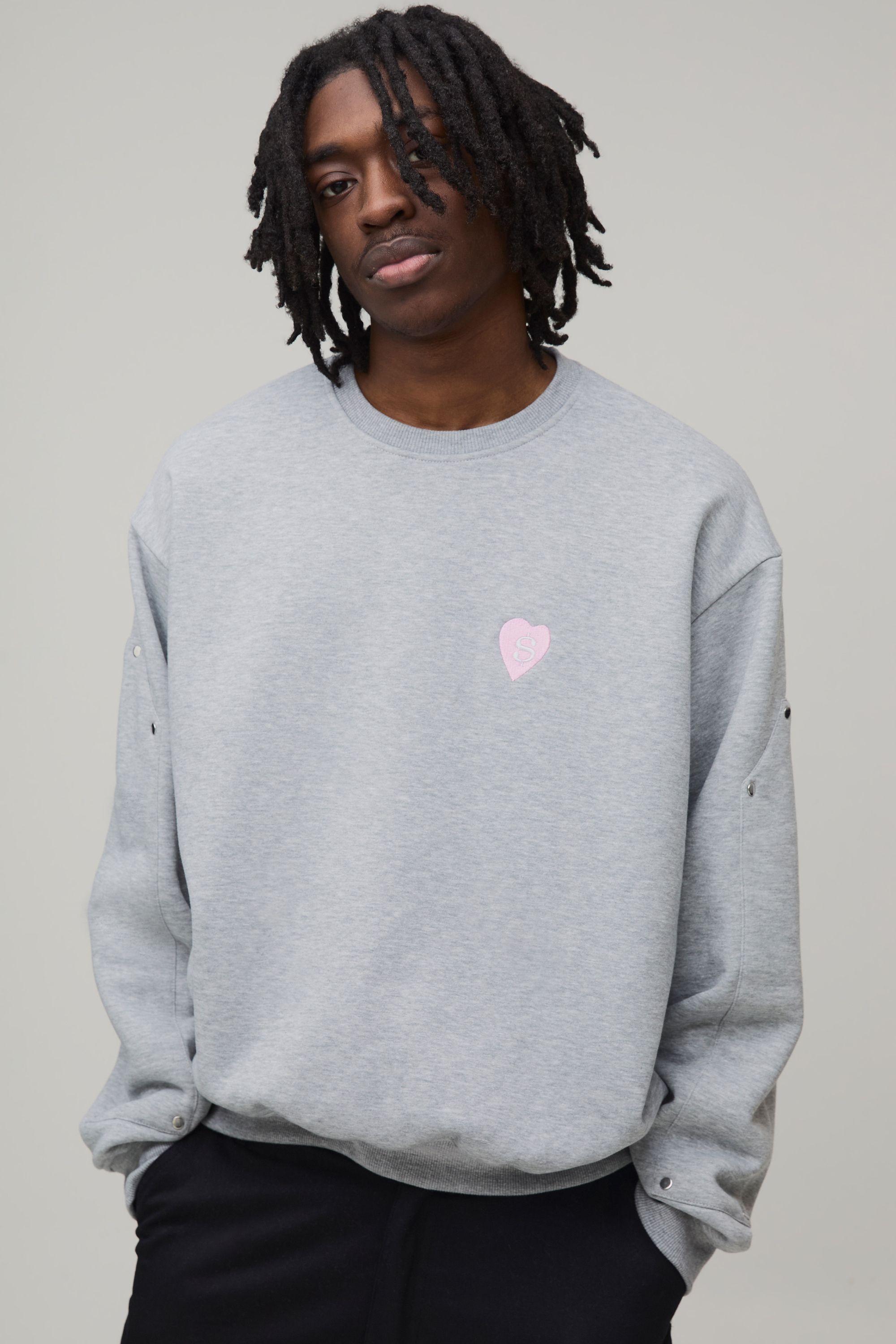 Oversized Boxy Embroidered Heart Panelled Sweatshirt by BOOHOOMAN