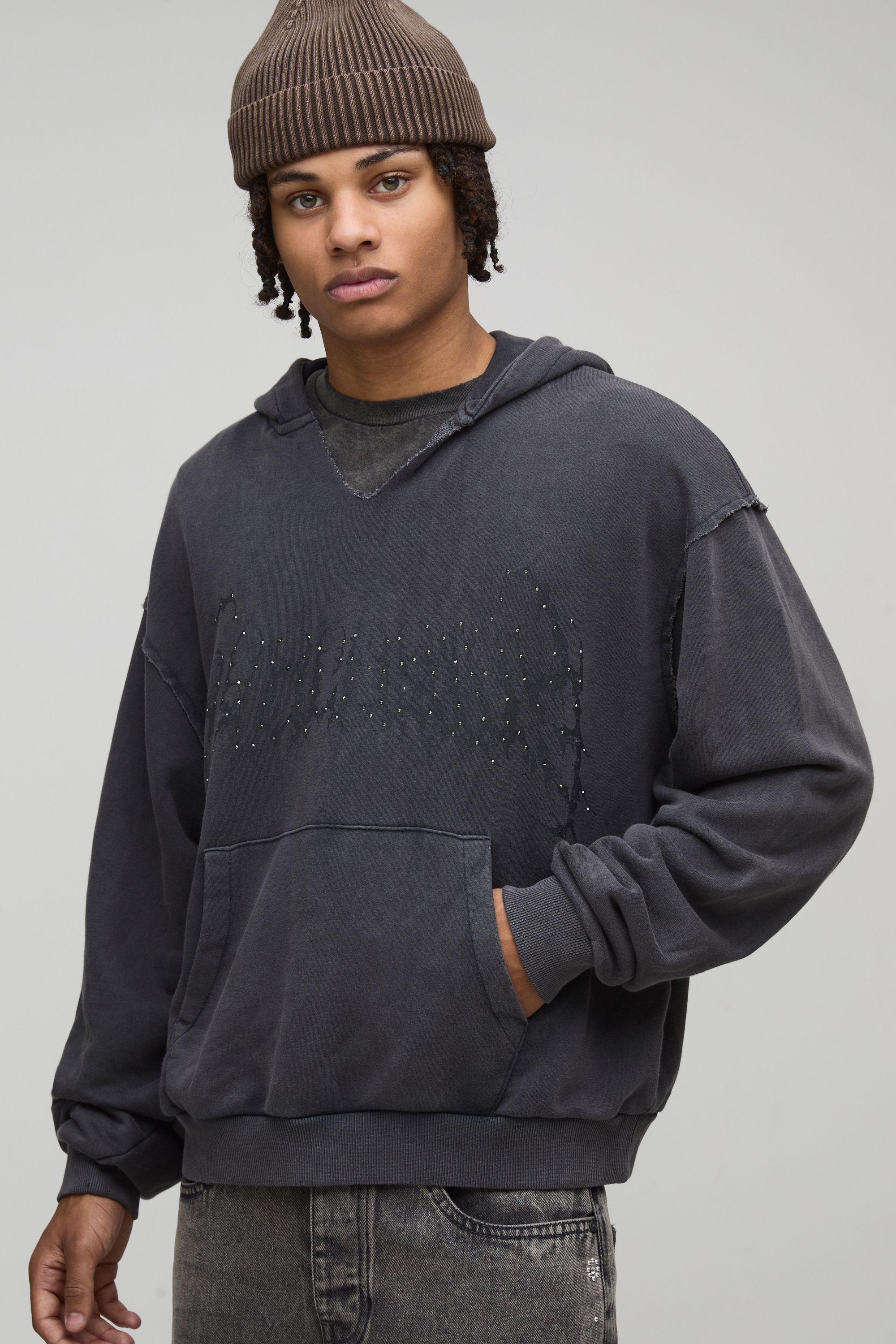 Oversized Boxy Exclusive Slogan Gothic V Neck Raw Hem Printed Washed Hoodie by BOOHOOMAN Oversized Boxy Exclusive Slogan Gothic V Neck Raw Hem Printed Washed Hoodie by BOOHOOMAN