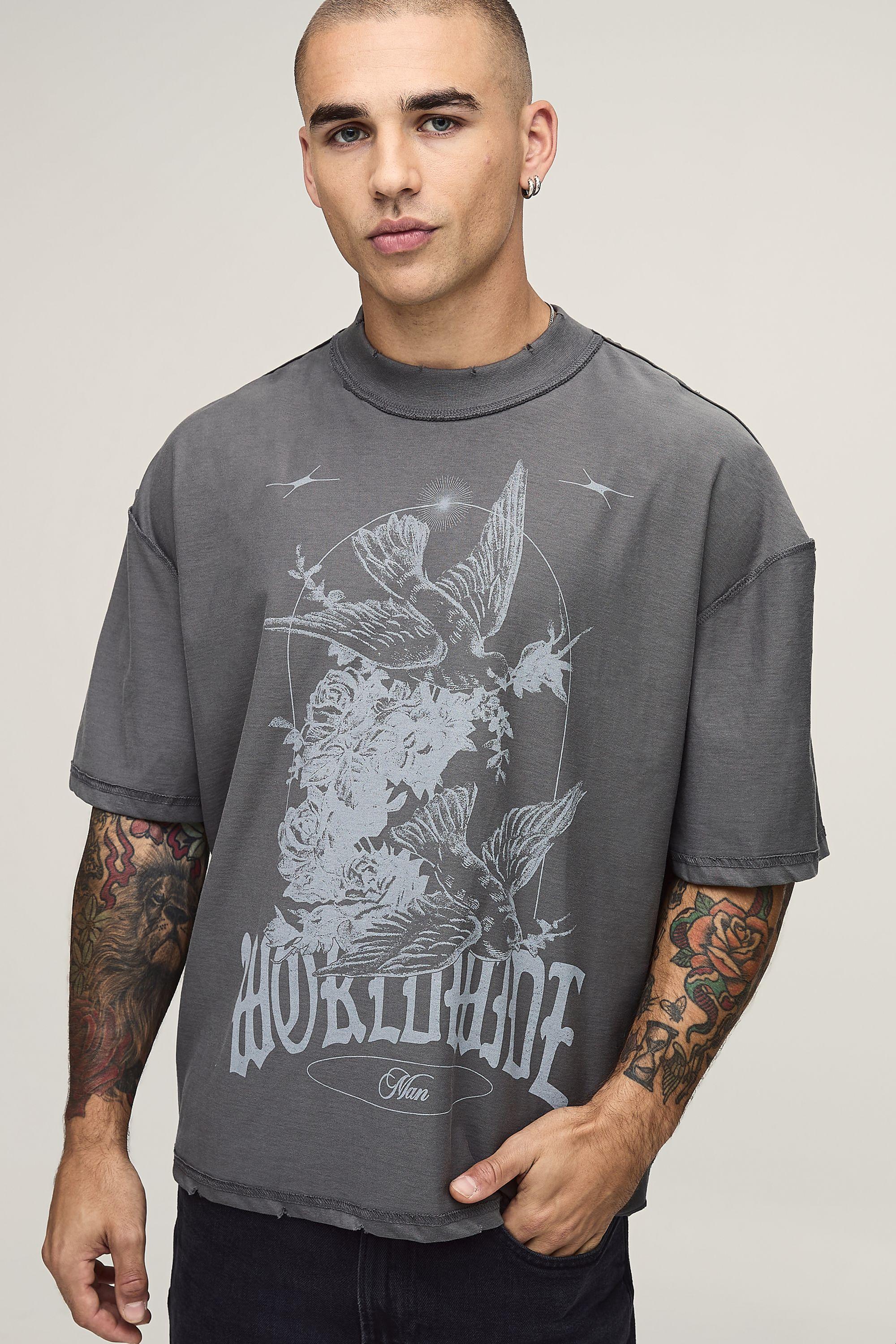 Oversized Boxy Exposed Seam Dove Print T-Shirt by BOOHOOMAN
