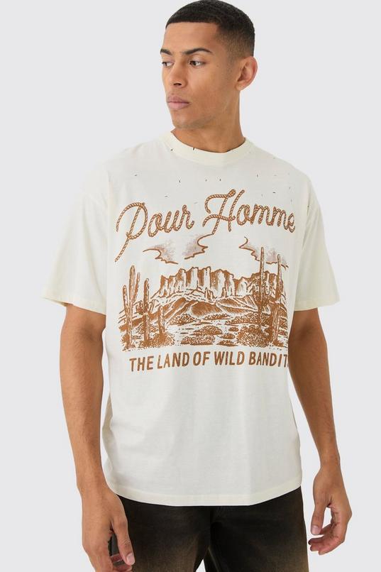 Oversized Boxy Extended Neck Distressed Rodeo Print T-Shirt by BOOHOOMAN