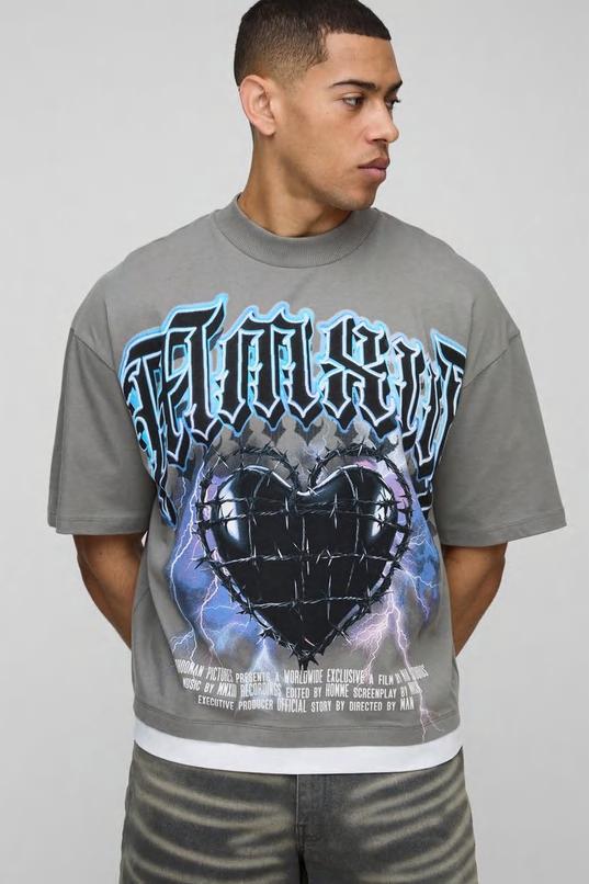 Oversized Boxy Extended Neck Heart Faux Layer T-shirt by BOOHOOMAN