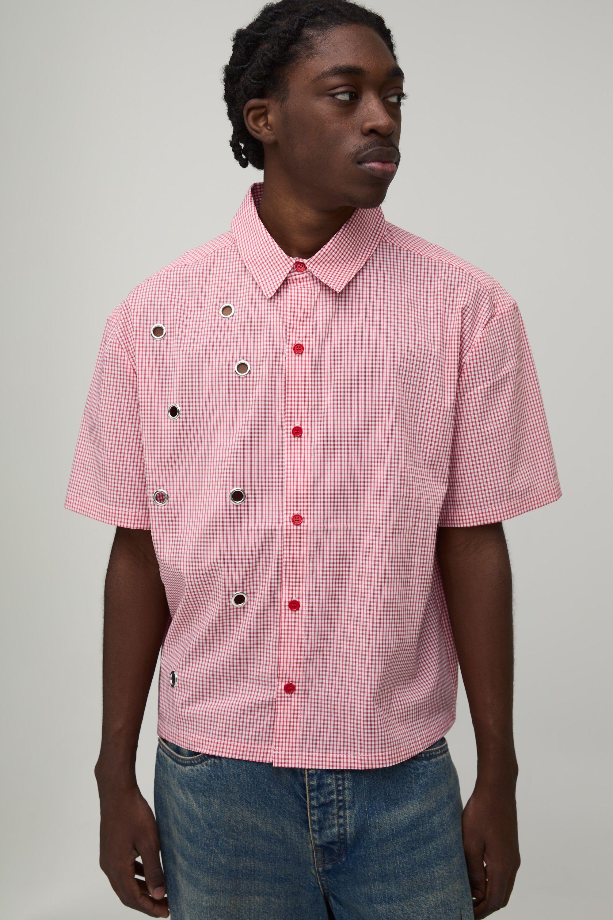 Oversized Boxy Eyelet Detail Micro Check Shirt by BOOHOOMAN