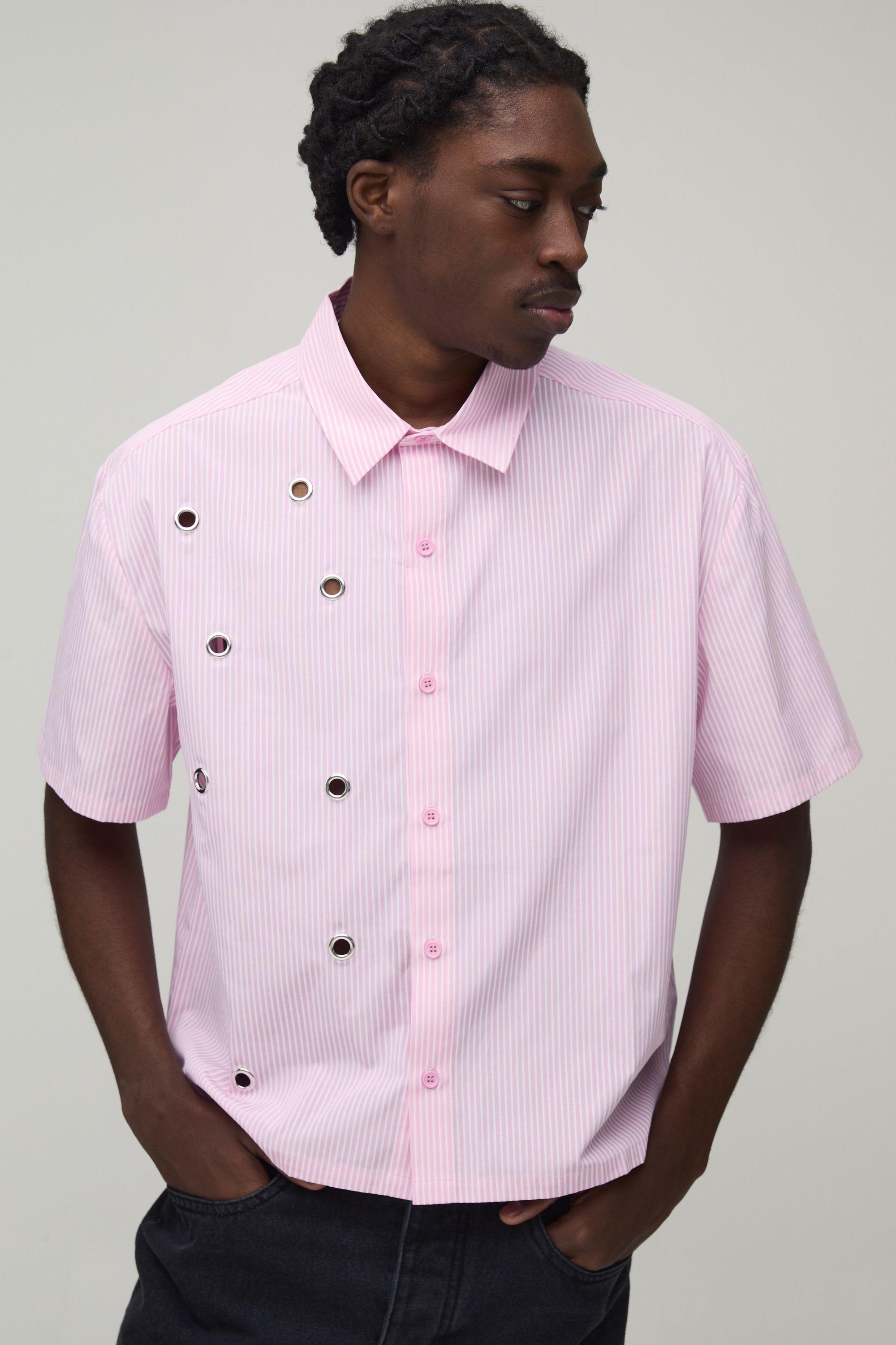 Oversized Boxy Eyelet Detail Short Sleeve Stripe Shirt by BOOHOOMAN