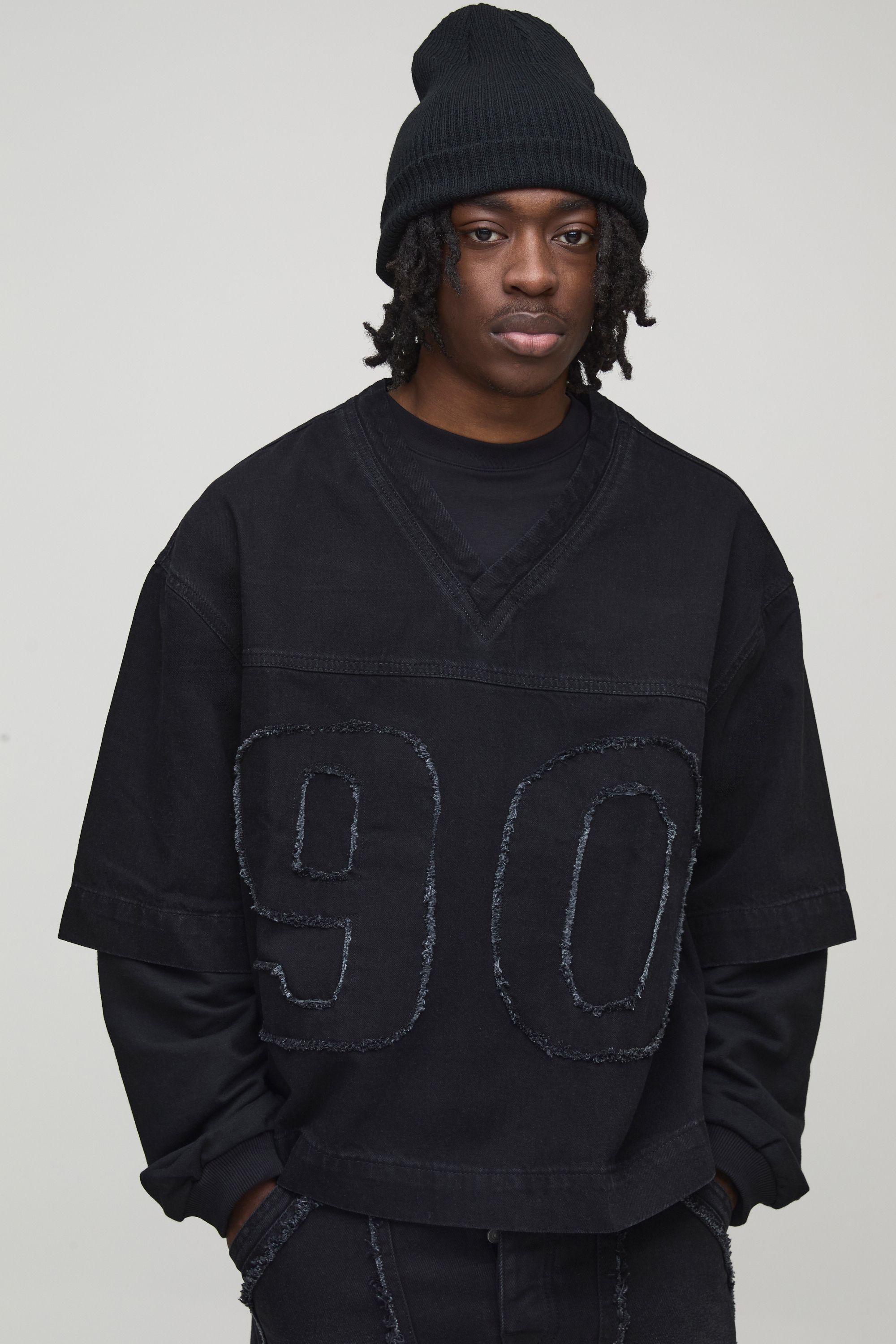 Oversized Boxy Faux Layer Denim Football T-Shirt by BOOHOOMAN