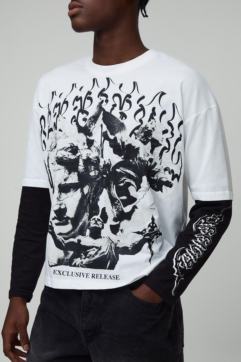 Oversized Boxy Faux Layer Gothic Printed Long Sleeve T-Shirt by BOOHOOMAN