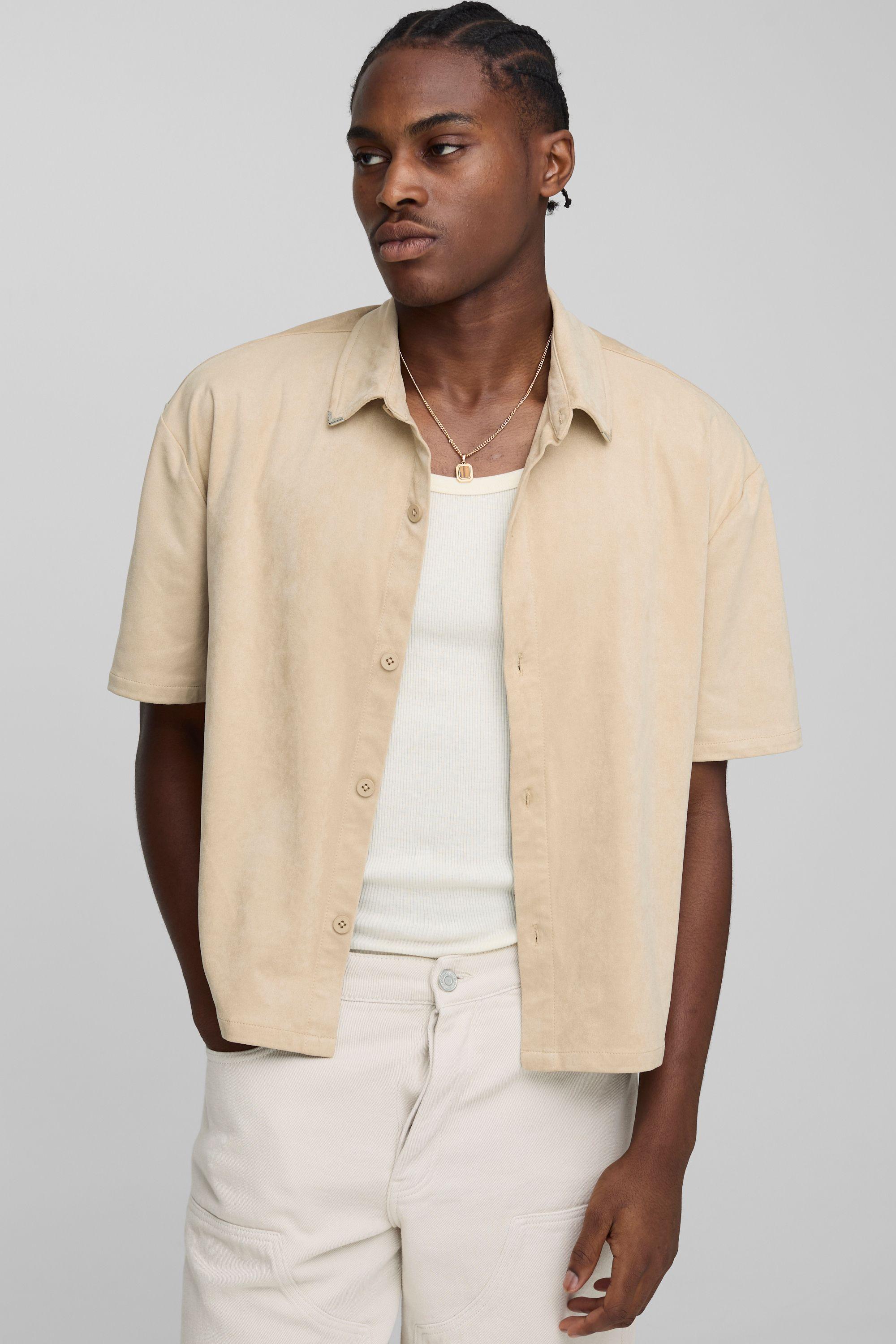 Oversized Boxy Faux Suede Western Collar Tip Shirt by BOOHOOMAN
