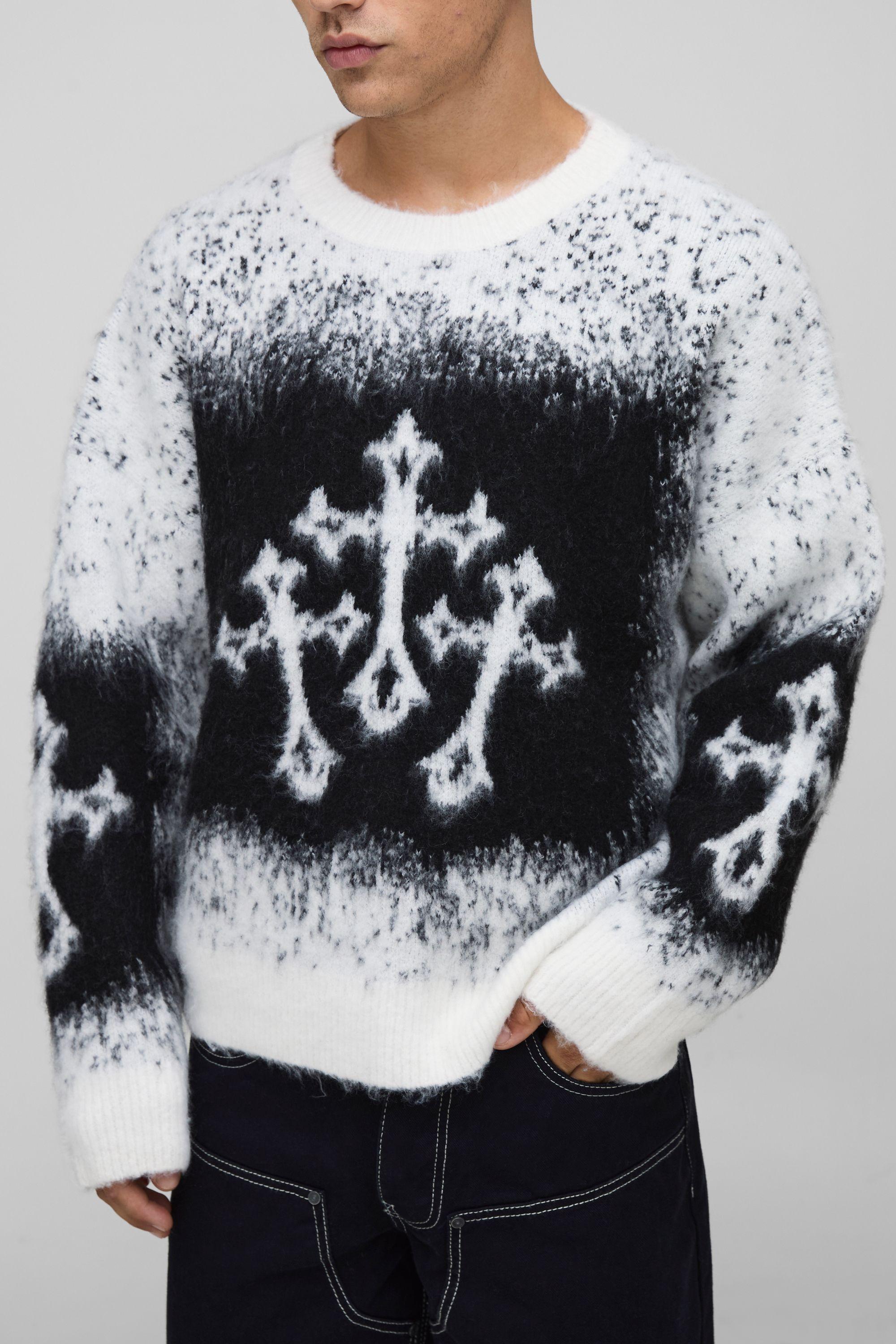 Oversized Boxy Fit Cross Jacquard Fluffy Knitted Jumper by BOOHOOMAN