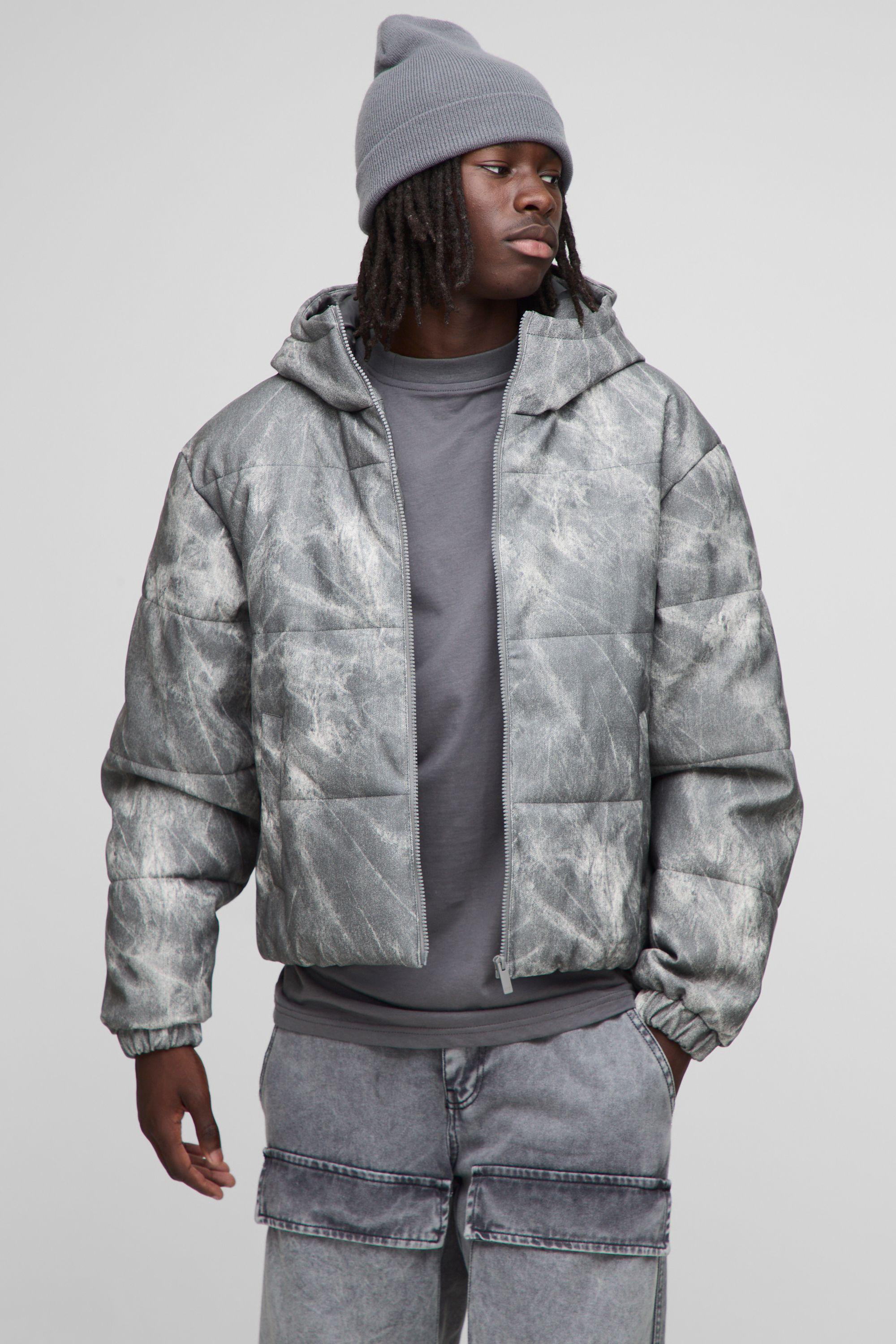 Oversized Boxy Fit Denim Look PU Hooded Puffer Jacket by BOOHOOMAN