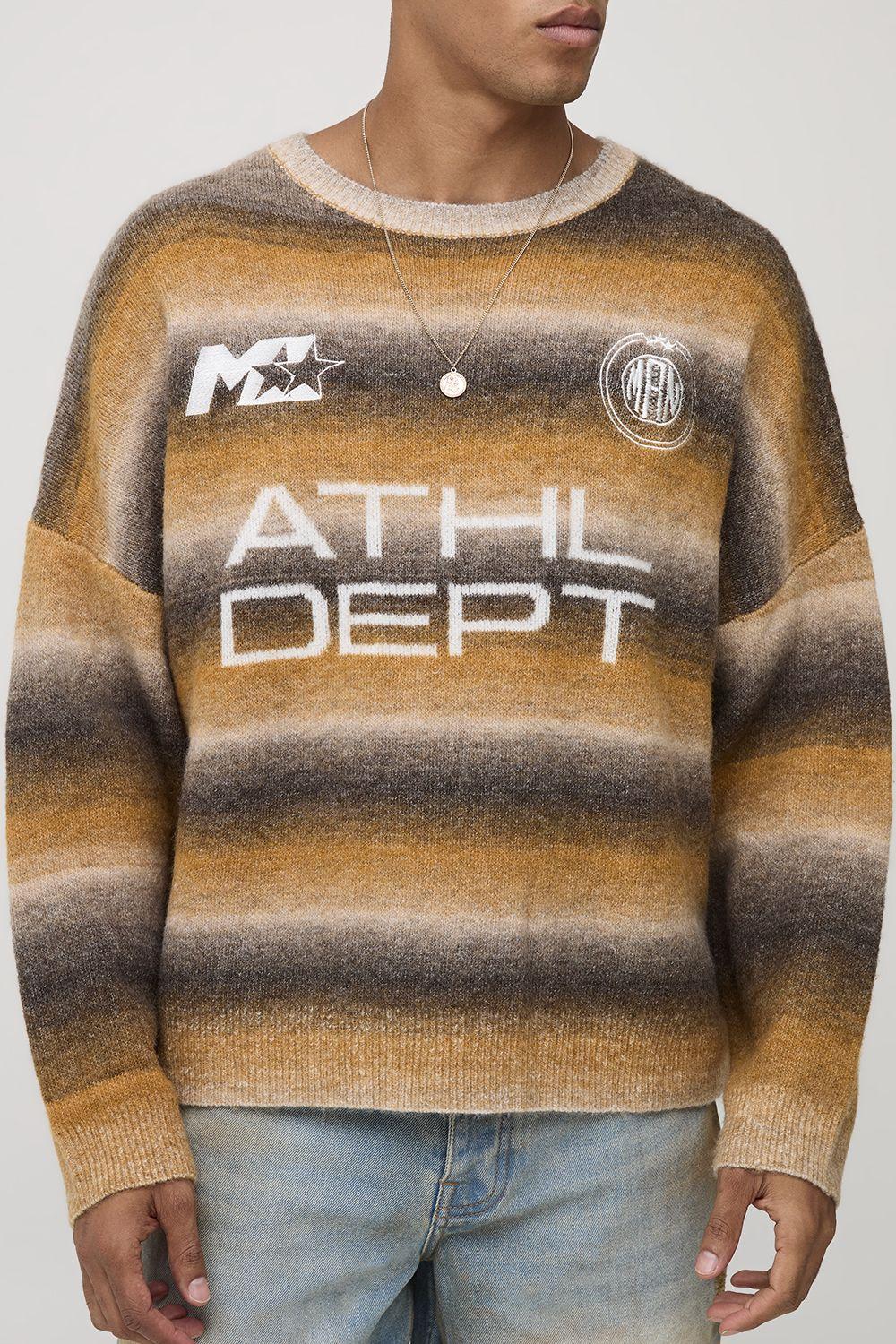 Oversized Boxy Fit Ombre Stripe ATHL Graphic Knitted Jumper by BOOHOOMAN Oversized Boxy Fit Ombre Stripe ATHL Graphic Knitted Jumper by BOOHOOMAN