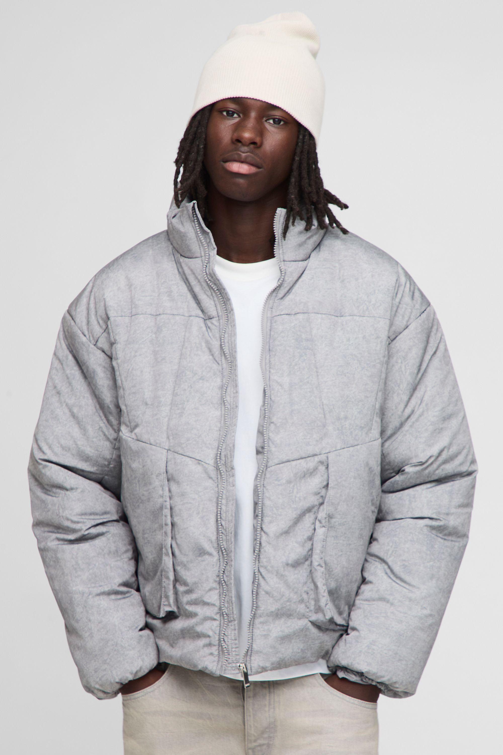 Oversized Boxy Fit Washed Nylon Padded Funnel Neck Puffer Jacket by BOOHOOMAN